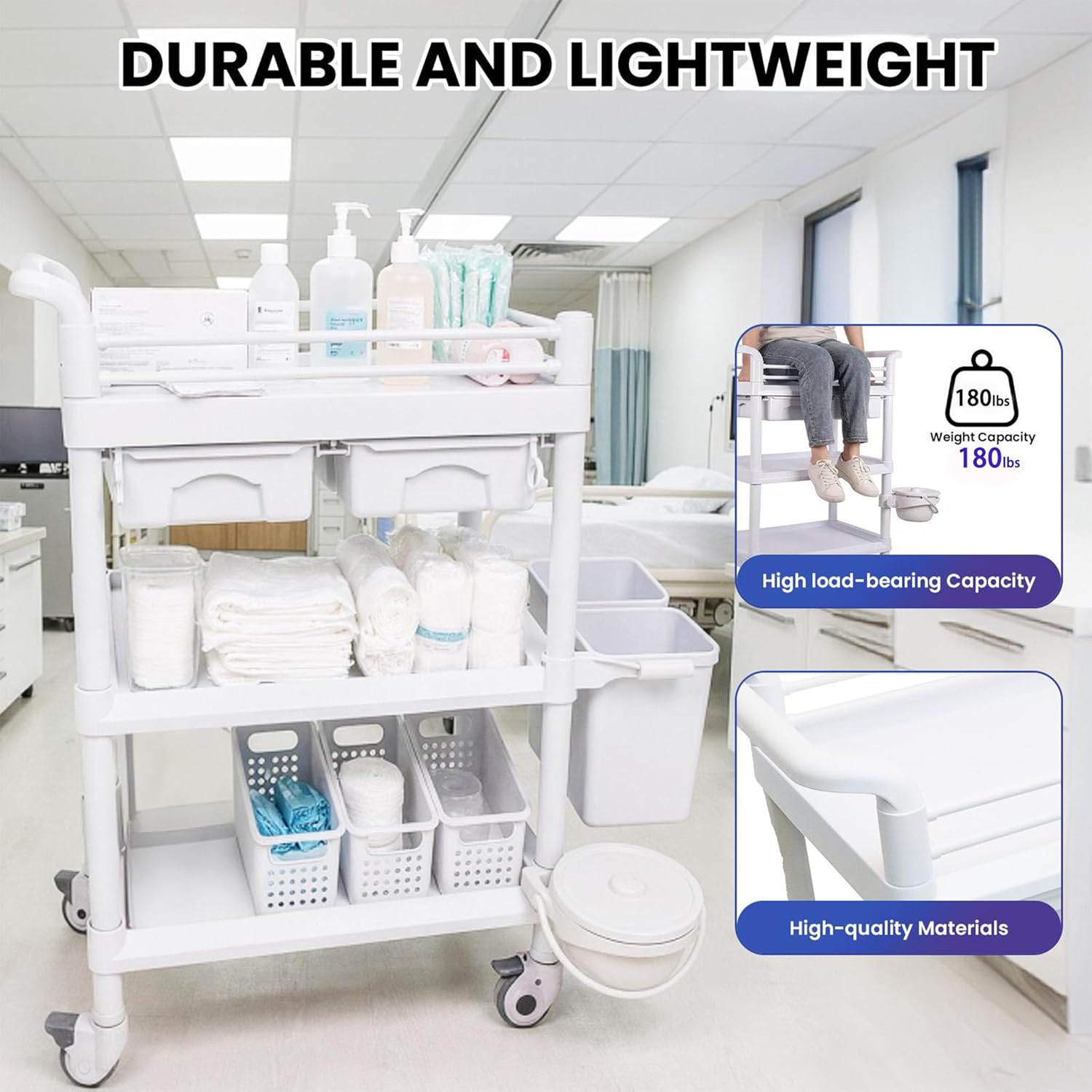 540 lbs Medical Cart, Postpartum Carts, Esthetician Cart 3-Tier – 2 Drawers, 3 Baskets & 3 Trash Cans, Heavy-Duty ABS Build, 360° Silent Wheels for Dental, Beauty, Home