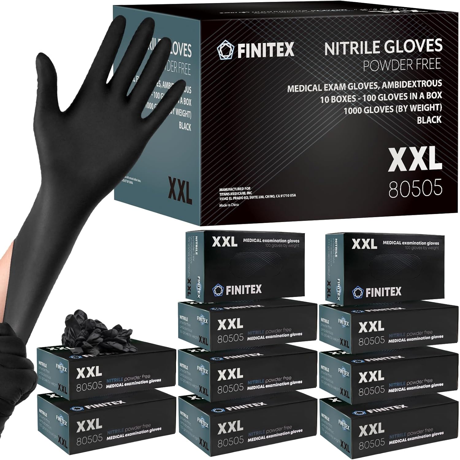 FINITEX Black Nitrile Disposable Medical Exam Gloves 5 mil Powder-free Latex-Free 1000 PCS Examination Glove