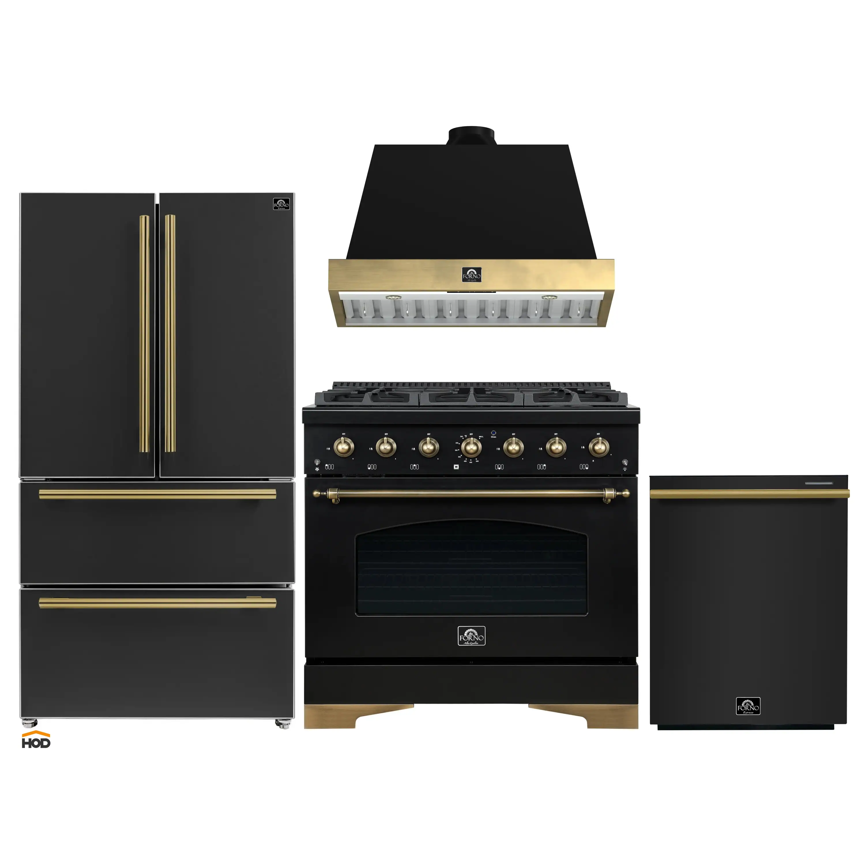 Forno Antico 4-Piece Appliance Package - 36-Inch Dual Fuel Range, 36-Inch Hood, 36-Inch Refrigerator, & 24-Inch Dishwasher in Black with Antique Brass Trim