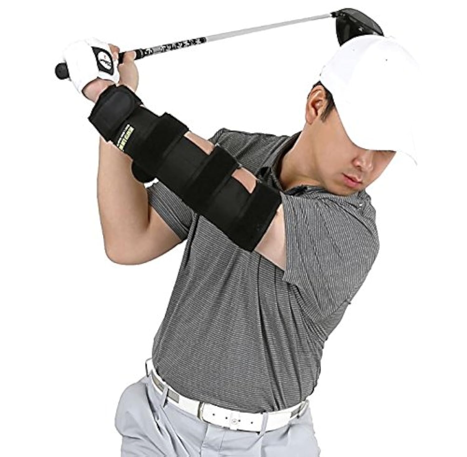 U.S. Patented Weighted Elbow Brace - Shoulder Turn & Straight Arm Golf Swing Trainer Increasing Moment of Inertia Force (Rigid, 2 lb)