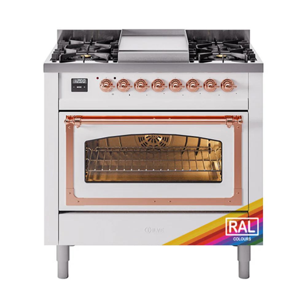 ILVE Nostalgie II Noblesse 36-Inch Dual Fuel Range and Triple Glass Door in Custom RAL with Copper Trim (UN36FNMPRAP)