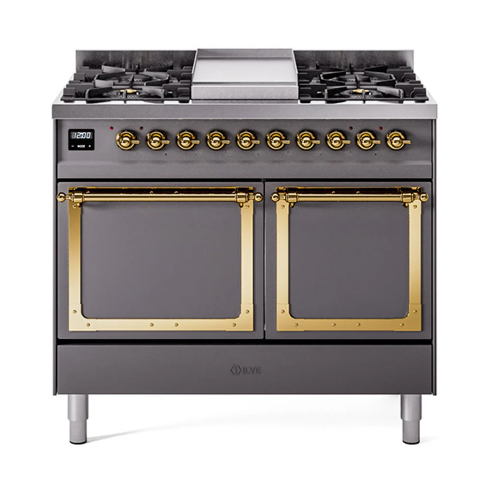 ILVE 40-Inch Nostalgie II Noblesse Dual Fuel Range with Solid Door Oven in Matte Graphite with Brass Trim (UND40FQNMPMGG)