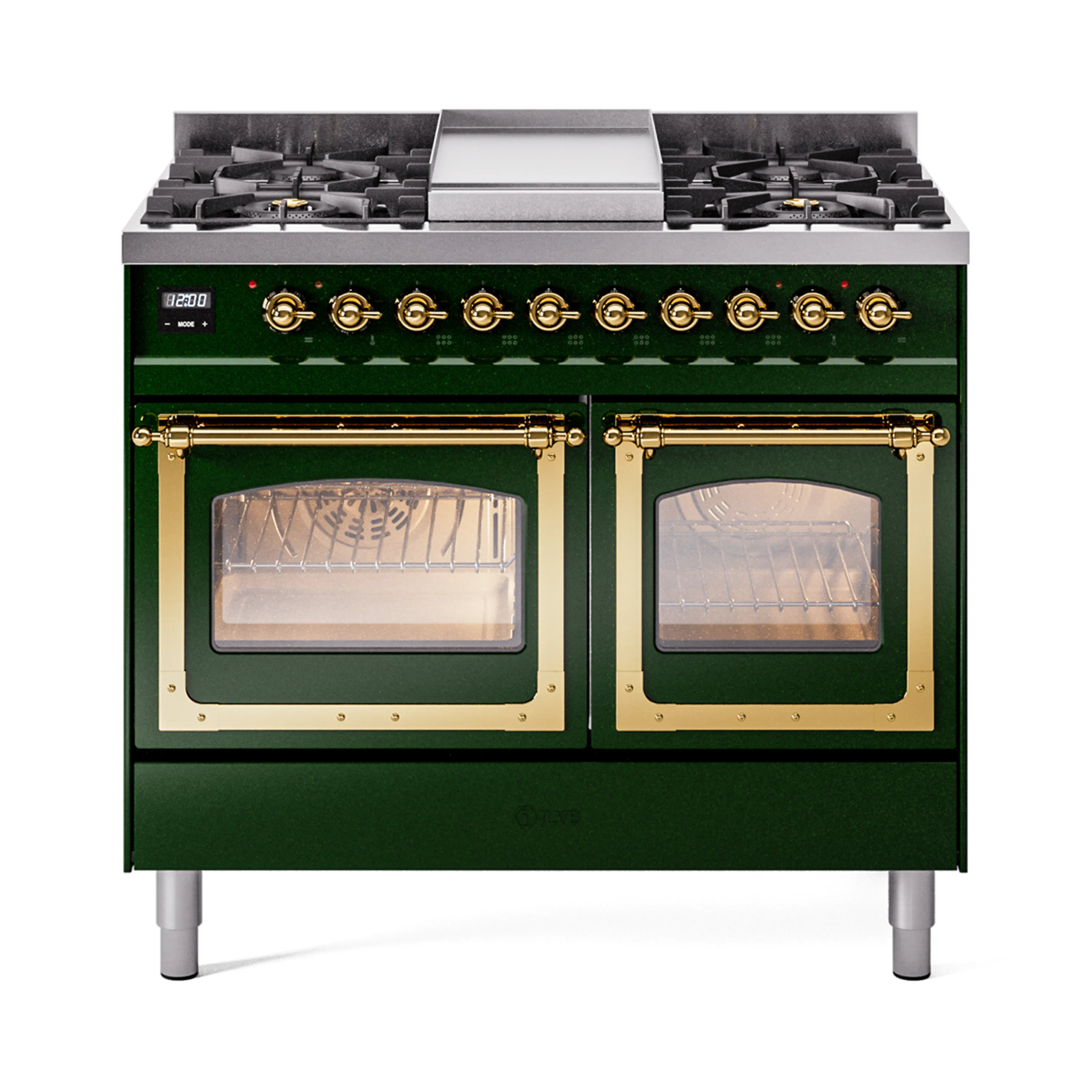 ILVE 40-Inch Nostalgie II Noblesse Dual Fuel Range with Triple Glass Door Oven in Emerald Green with Brass Trim (UND40FNMPEGG)