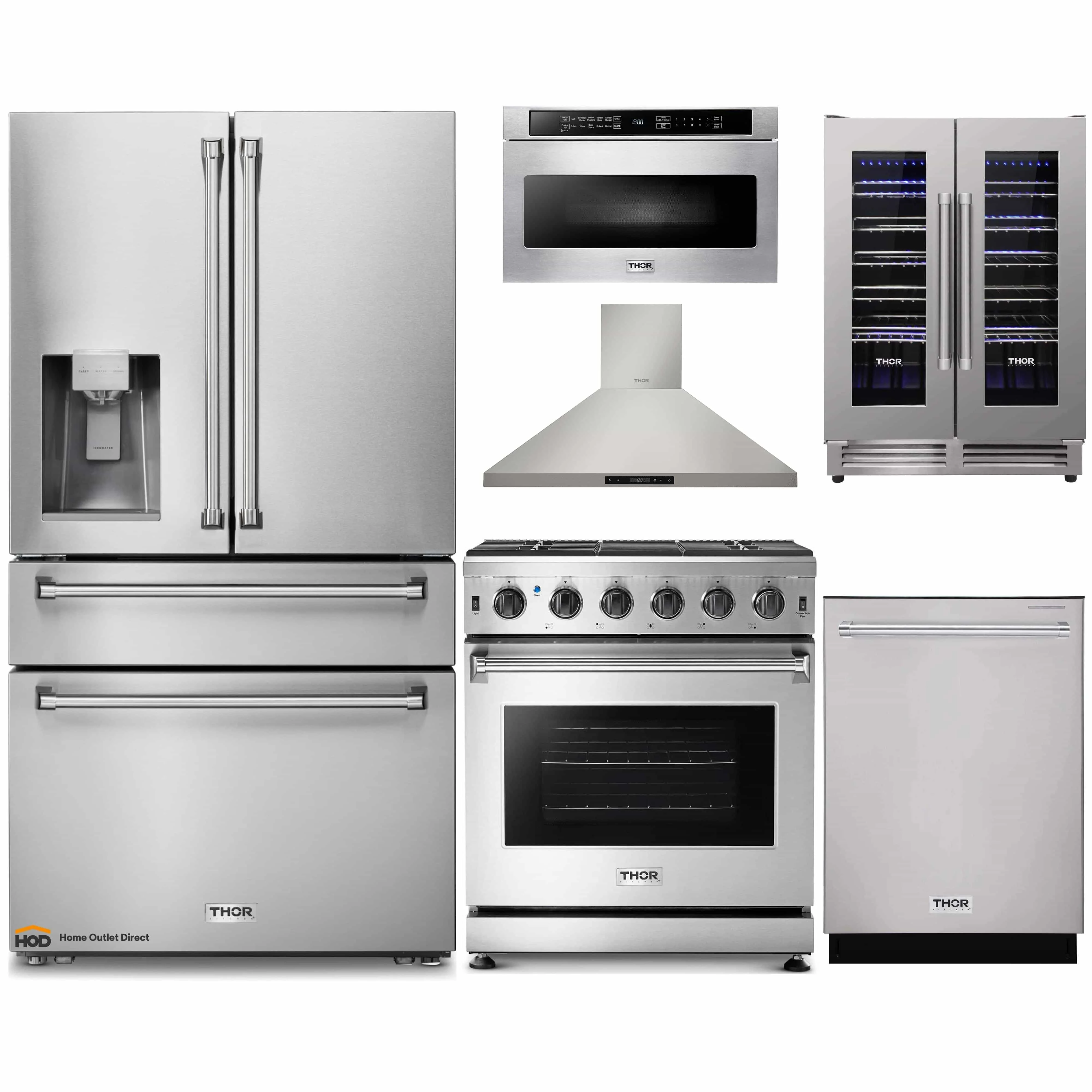 Thor Kitchen 6-Piece Appliance Package - 30-Inch Propane Gas Range, Refrigerator with Water Dispenser, Wall Mount Hood, Dishwasher, Microwave Drawer, & Wine Cooler in Stainless Steel
