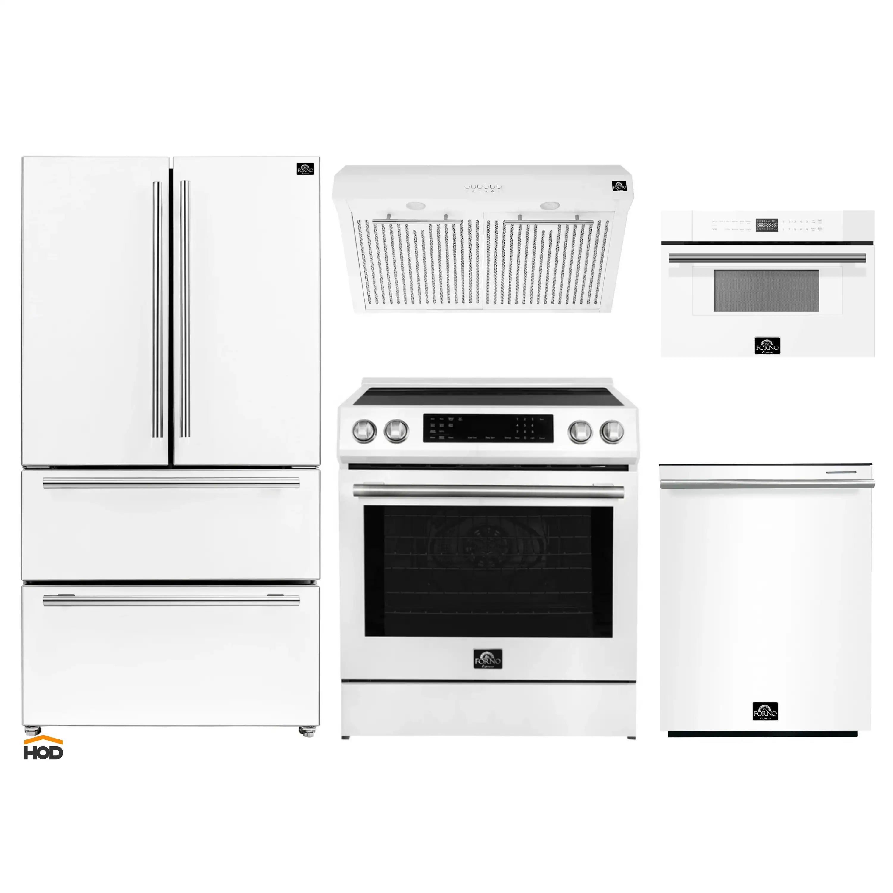Forno 5-Piece Appliance Package - 30-Inch Induction Range, Under Cabinet Range Hood, Refrigerator, Dishwasher, and  30-Inch Microwave Oven in White with Stainless Steel Trim
