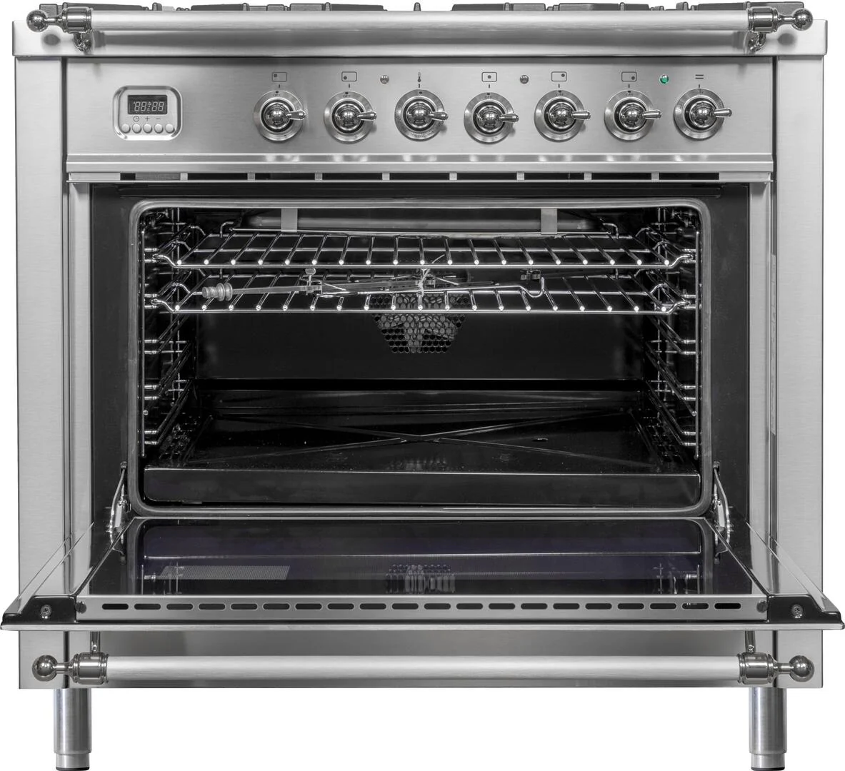 ILVE Nostalgie 36-Inch Gas Range with 5 Burners - Griddle - 3.5 cu. ft. Oven in Stainless Steel with Chrome Trim (UPN90FDVGGIX)