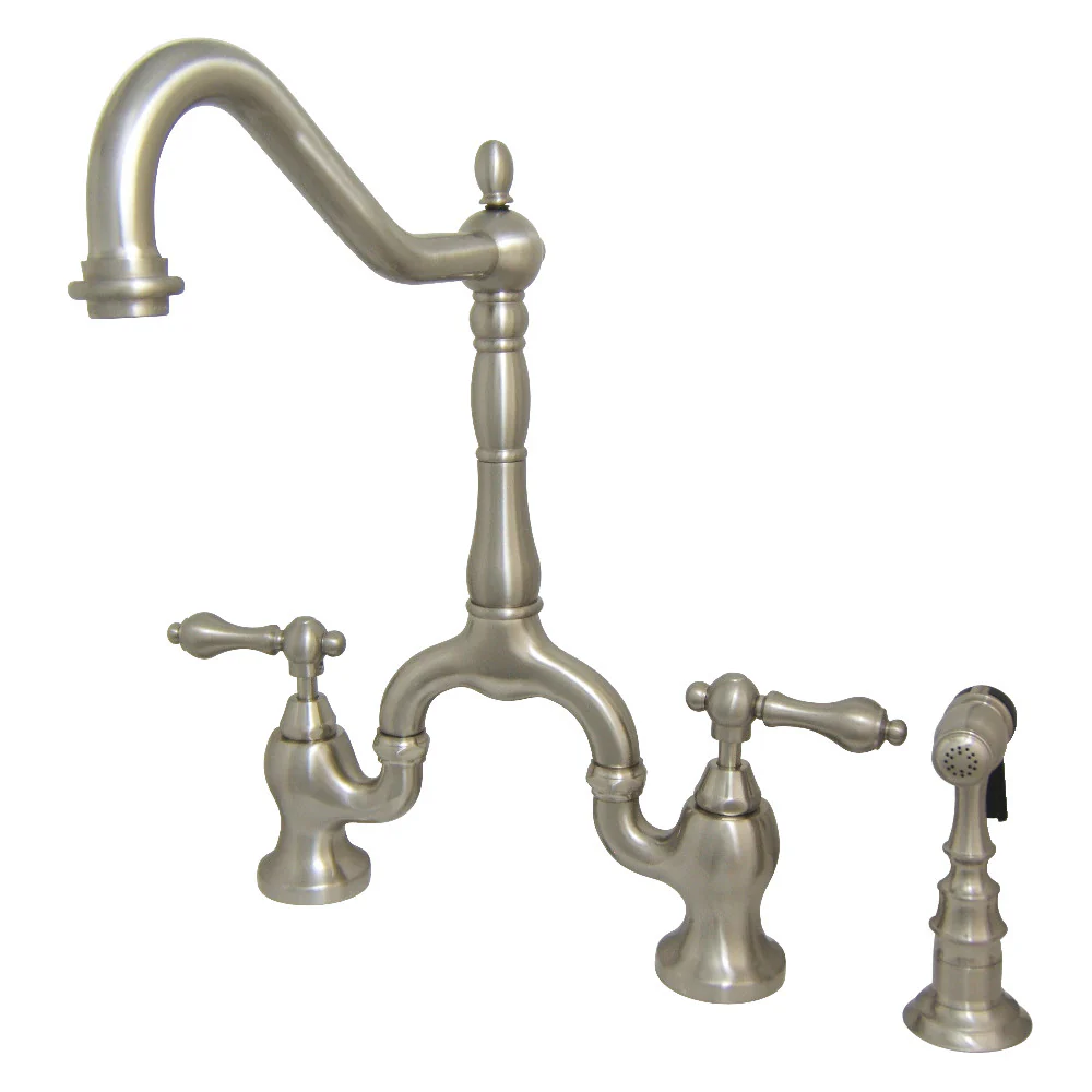 Kingston Brass English Country Bridge Kitchen Faucet with Brass Side Sprayer, Brushed Nickel (KS7758ALBS)
