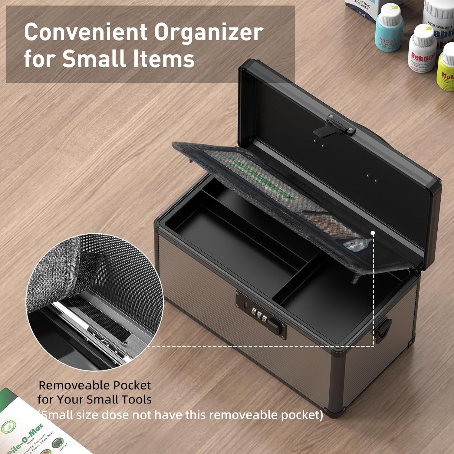 Medicine Lock Box with Code, Locking Medicine Box with Removable Tray & Pocket Bag, Portable First Aid Box for Home, 16 * 9.25 * 7.5 Inch (Black, X-Large-16inch)