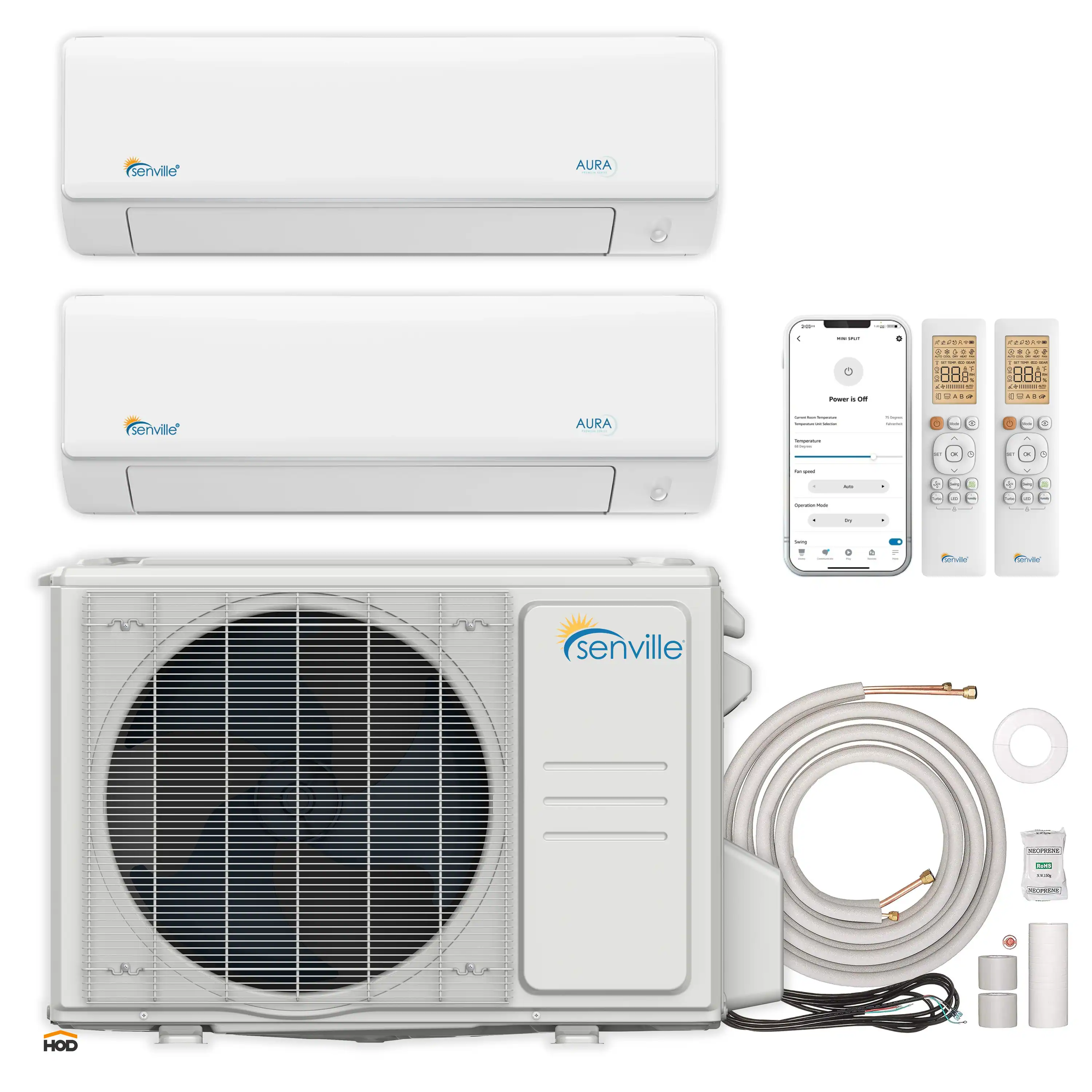 Senville Mini Split - 2-Zone 18,000 BTU Ductless Air Conditioner and Heat Pump Condenser with Wall Mount Air Handlers (SENA-18HF-D)