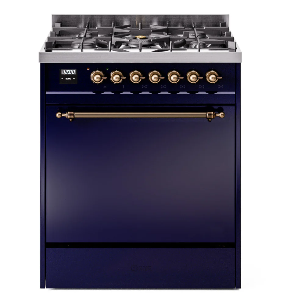 ILVE Nostalgie II 30-Inch Dual Fuel Range with Solid Door in Midnight Blue with Bronze Trim (UP30QNMPMBB)