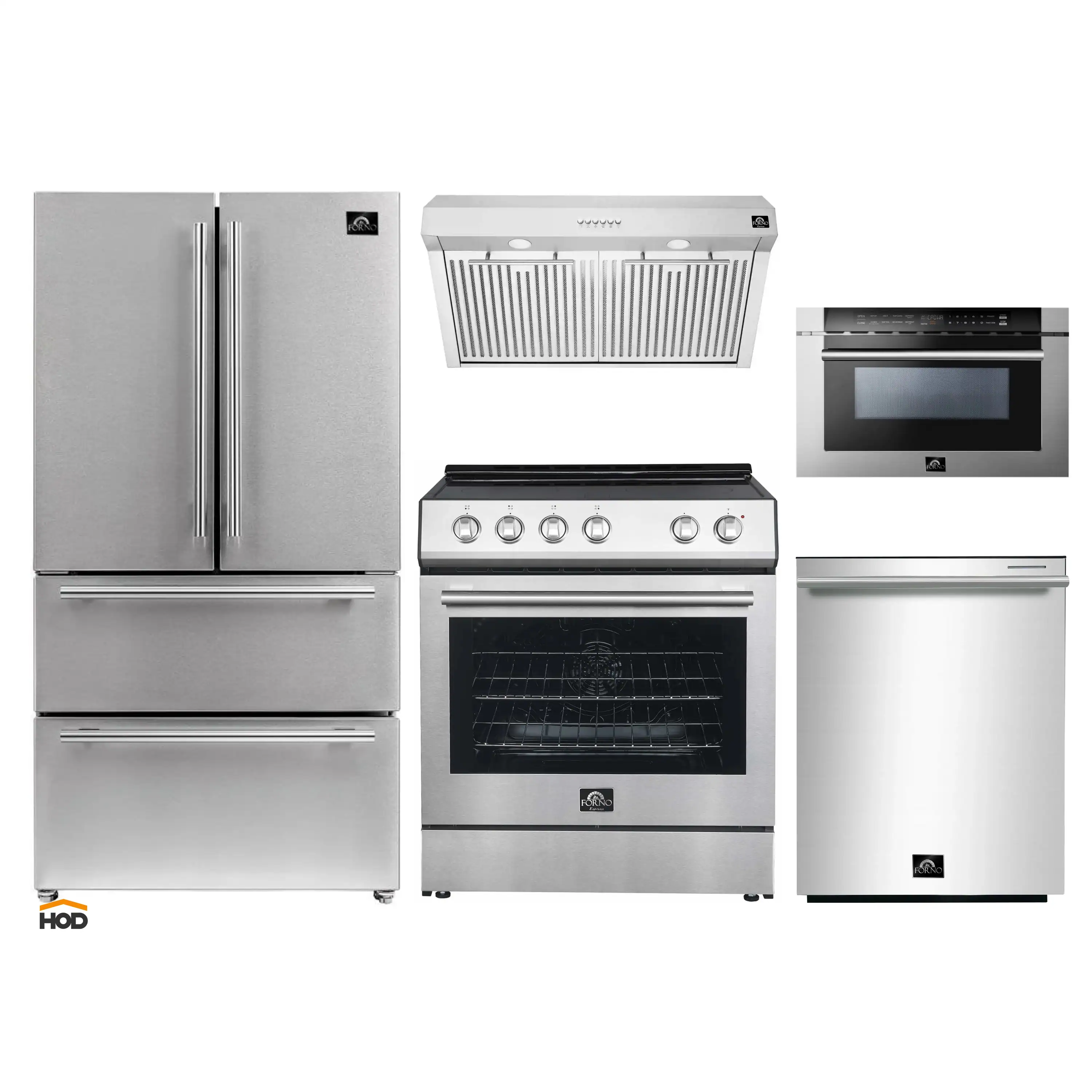 Forno 5-Piece Appliance Package - 30-Inch Electric Range, Under Cabinet Range Hood, French Door Refrigerator, Dishwasher , & Microwave Drawer in Stainless Steel