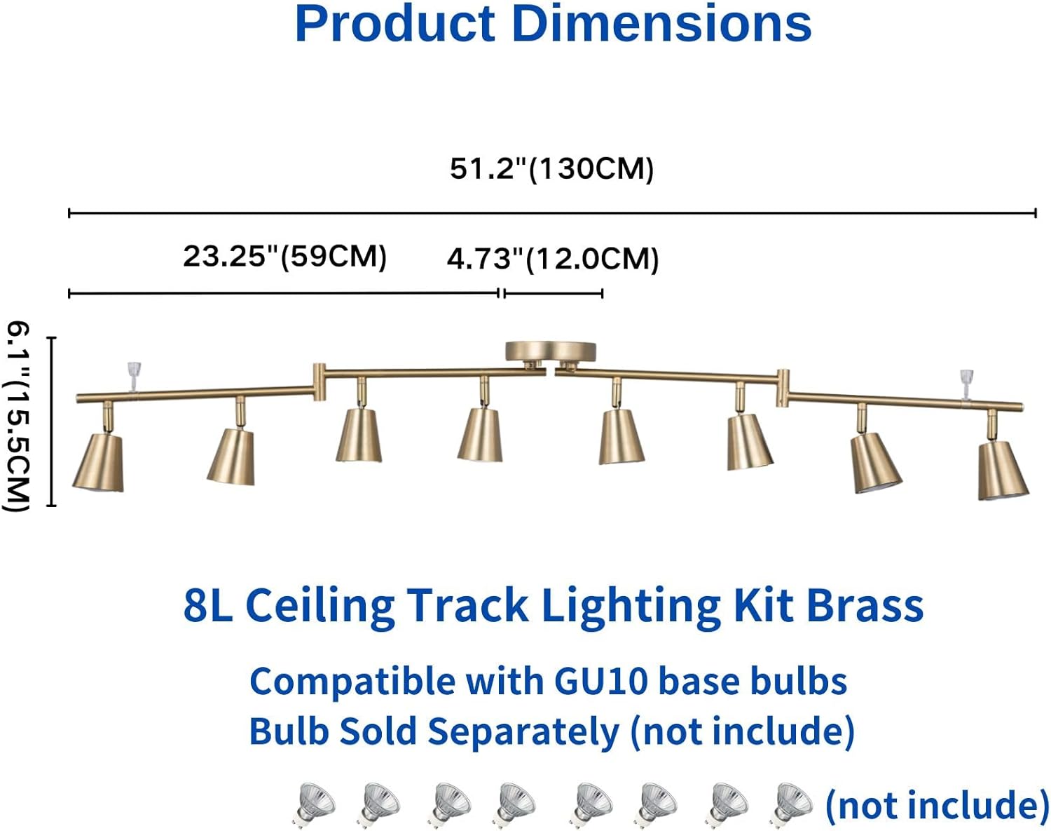 8 Light LED Track Lighting Kit, Matte Brass Adjustable with Moden Flush Mount Ceiling Spotlight,GU10 Socket Bulbs,Flexible Foldable Arms for Kitchen,Dining,Living Room, Bedroom