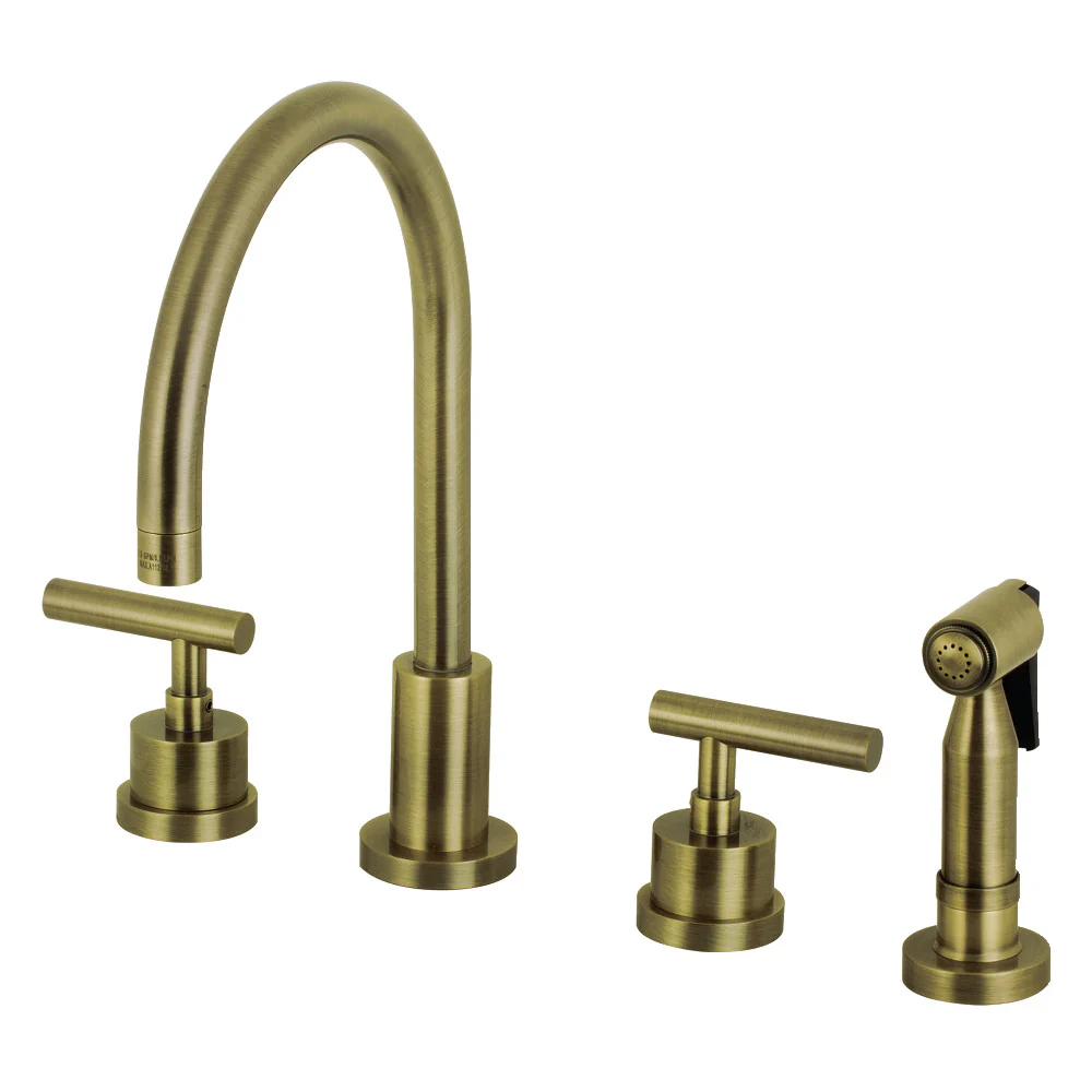 Kingston Brass Manhattan Double-Handle Widespread Kitchen Faucet with Brass Sprayer, Antique Brass (KS8723CMLBS)