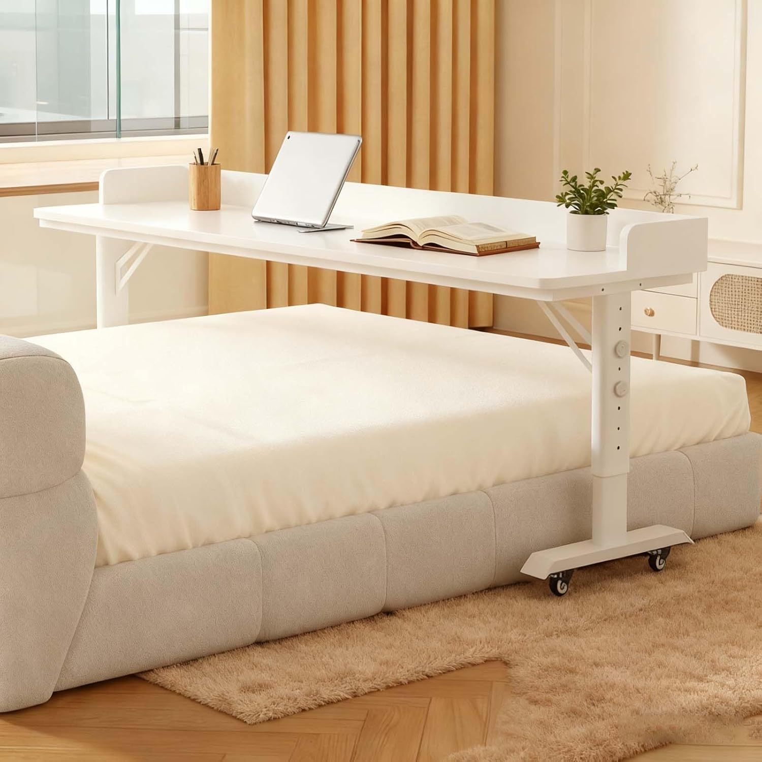 Over The Bed Table with Wheels - Adjustable Height Desk, Rolling Mobile Laptop Cart for Bedroom Work, King Size Beds(120 * 40 * 68cm)