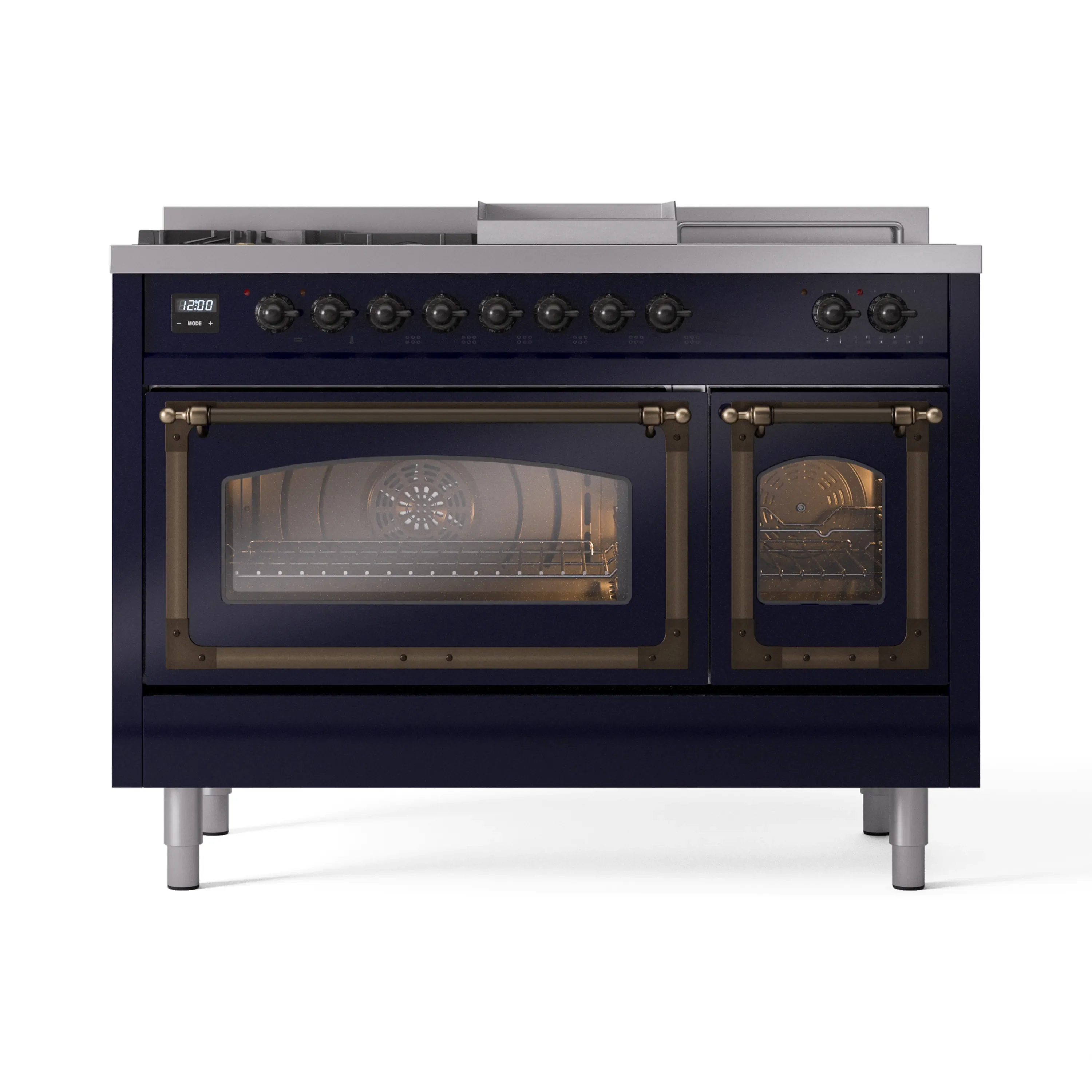 ILVE 48-Inch Nostalgie II Noblesse Dual Fuel Range with 5 Sealed Burners, Griddle, French Top and Triple Glass Door Oven in Midnight Blue with Bronze Trim (UN48FSNMPMBB)
