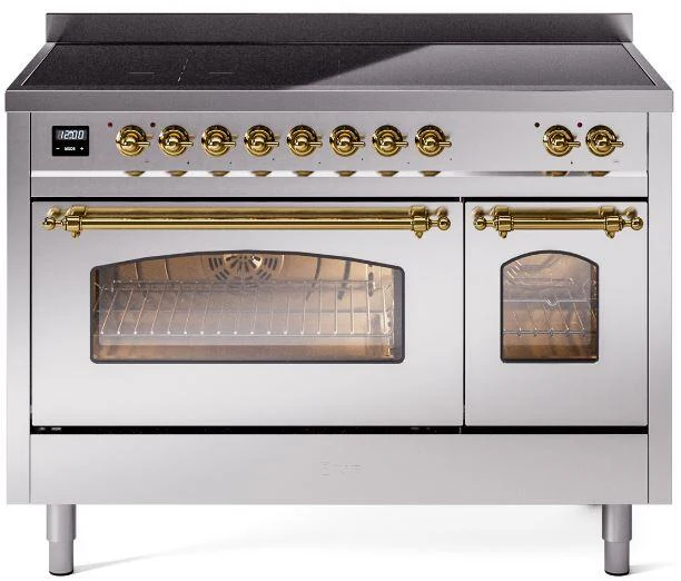 ILVE Nostalgie II 48-Inch Limited Edition Induction Range in Stainless Steel with Brass Trim (UPI486NMPSSG)