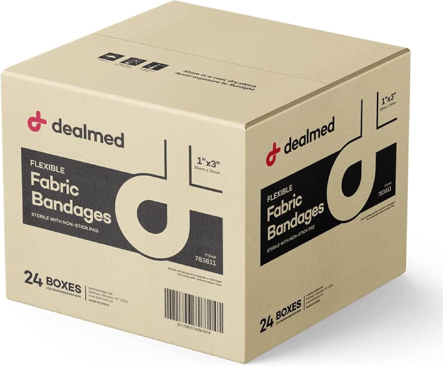 Dealmed Sterile Flexible Fabric Adhesive Bandages – 1x3 Inch – 100/Box - 24 Boxes - Breathable First Aid Strip Pack - Soft Stretch Wound Patch for Medical, Emergency Kits & Clinic
