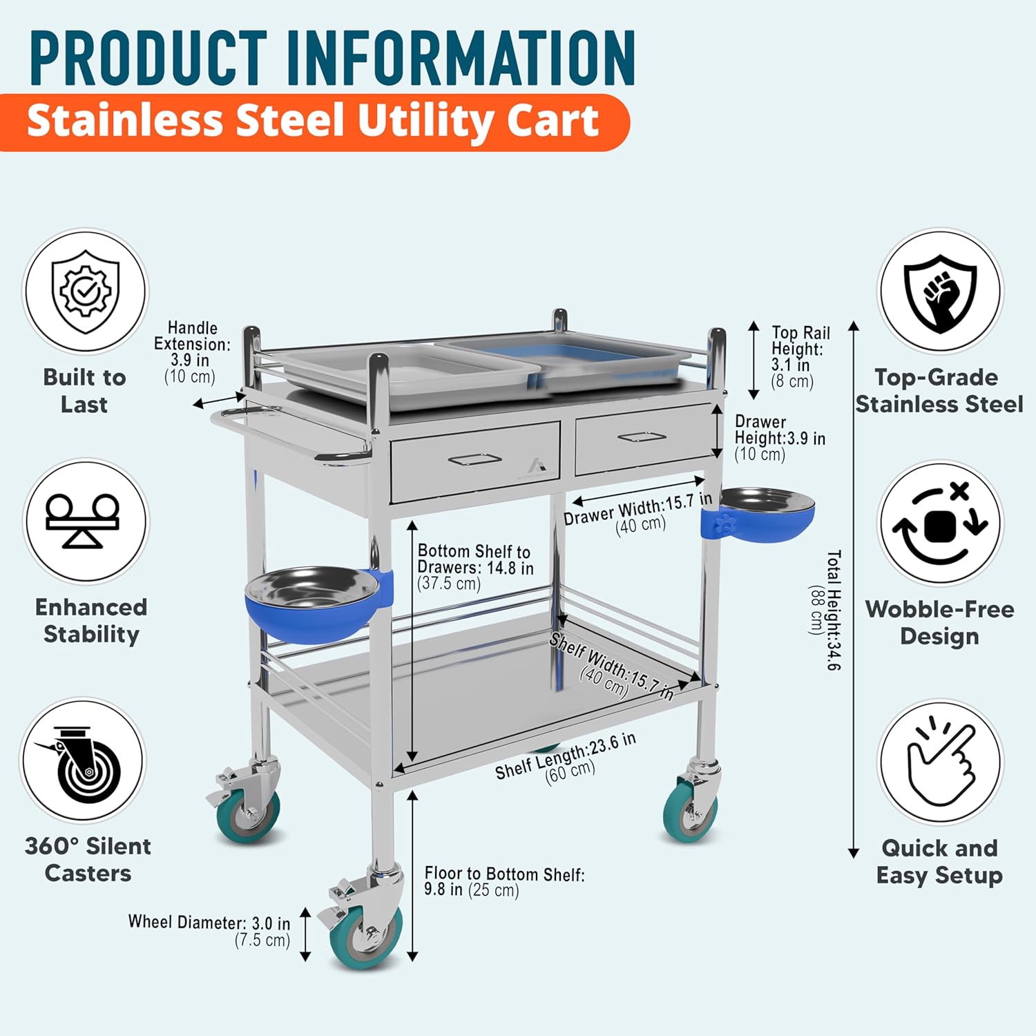 *Improved & Upgraded* Medical Stainless Steel 2 Tier Rolling Cart with Wheels and Drawers | Dental Hospital Nursing Trolley | Easy-to-Disinfect Phlebotomy Mobile Workstation