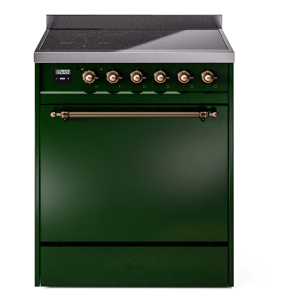 ILVE 30-Inch Nostalgie II Induction Range with Solid Door Oven in Emerald Green with Bronze Trim (UPI304QNMPEGB)