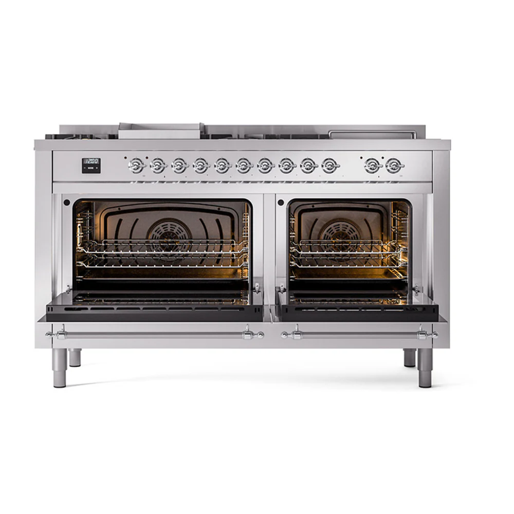 ILVE 60-Inch Nostalgie II Noblesse Dual Fuel Range with 7 Sealed Burners, Gridlde, French Top, and Solid Door Oven in Stainless Steel with Chrome Trim (UN60FSQNMPSSC)