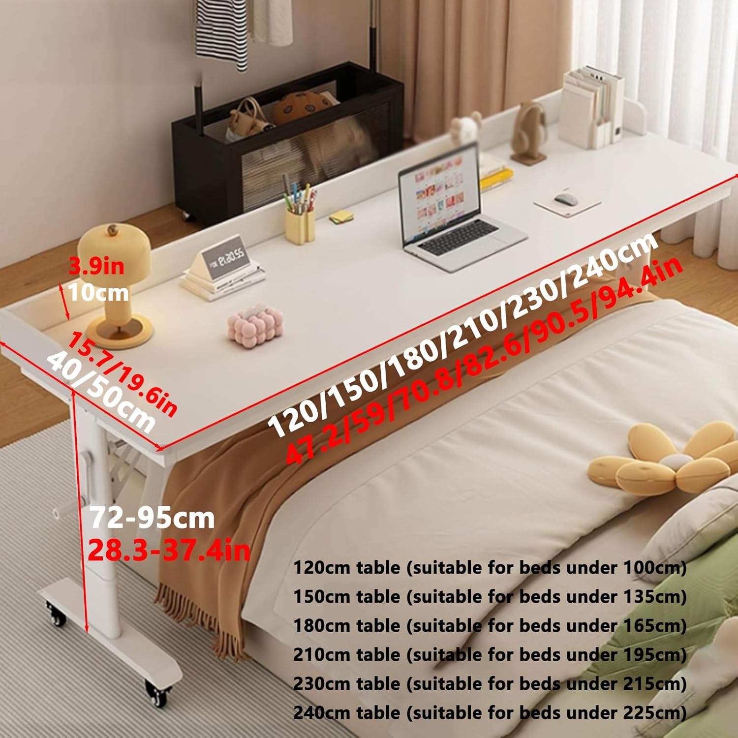 Adjustable Height Overbed Table for Laptop with Wheels, Over The Bed Working Table with Baffles and Hand Crank, Portable Mobile Laptop Cart for Bedroom Work(Natural+Black,240x40cm)