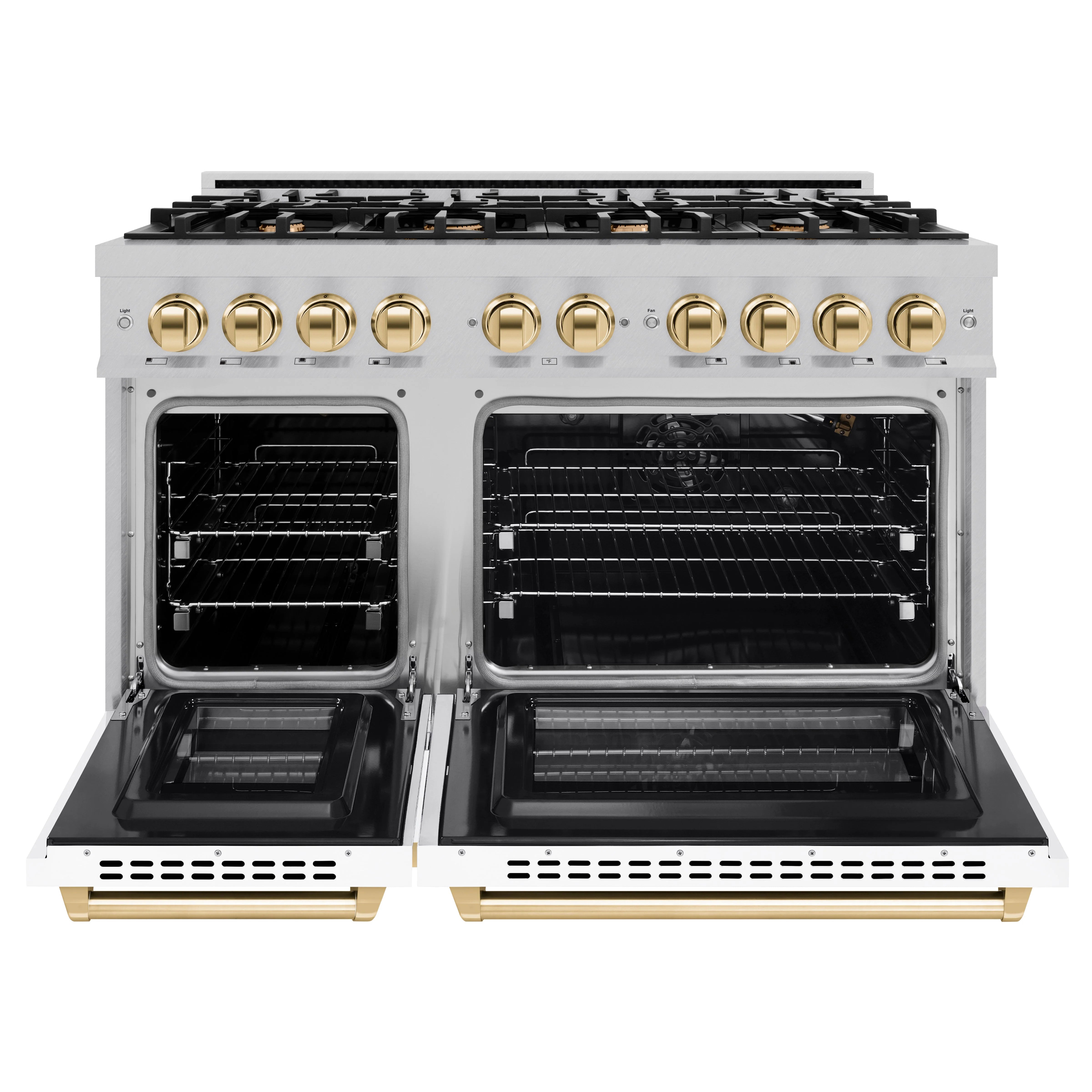ZLINE Autograph Edition 48-Inch Select Series Gas Range with 8 Gas Burner Cooktop and 6.7 Cu. Ft. Gas Convection Oven in Satin Stainless Steel with White Matte Doors and Polished Gold Accents (HGRSZ-WM-48-G)