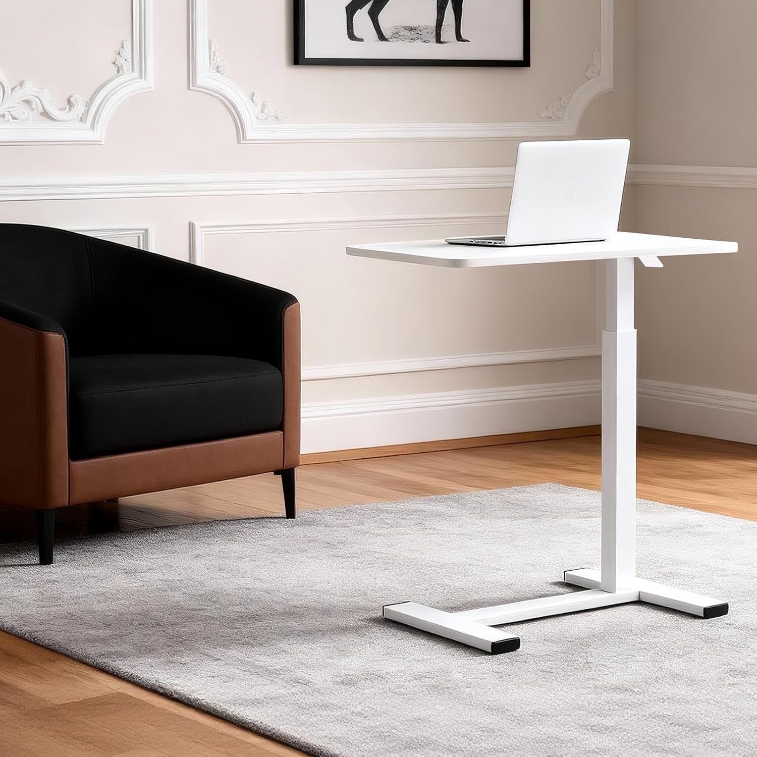 15.8''Wx31.5'D'x37.1''H Pneumatic Hospital Bed Table Adjustable End Table, Overbed Bedside Table with Wheels,Rolling Bedside Desk,Medical Desk Laptop Cart for Hospital Home Use,White