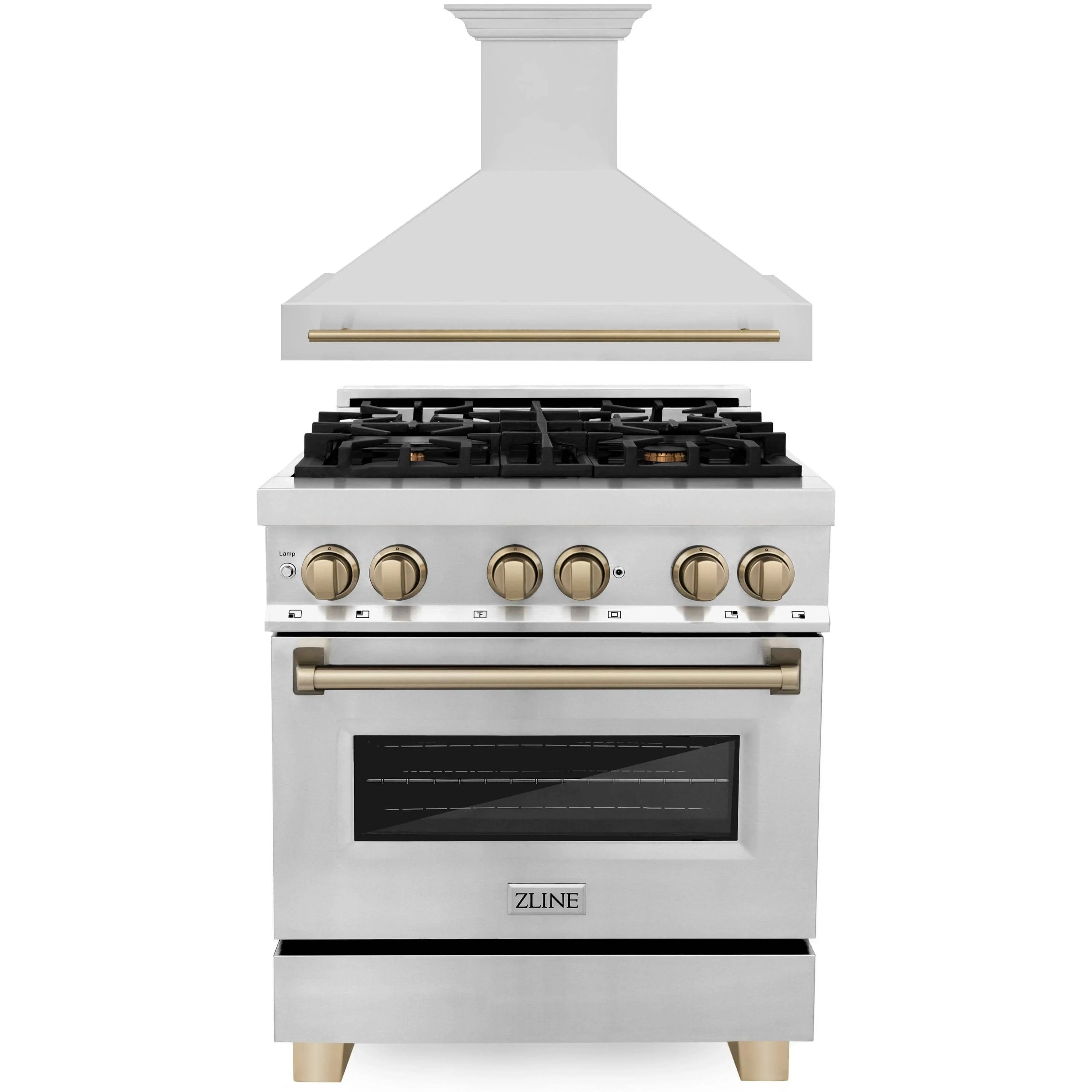 ZLINE Autograph Edition 2-Piece Appliance Package - 30-Inch Dual Fuel Range & Wall Mounted Range Hood in Stainless Steel with Champagne Bronze Trim (2AKP-RARH30-CB)
