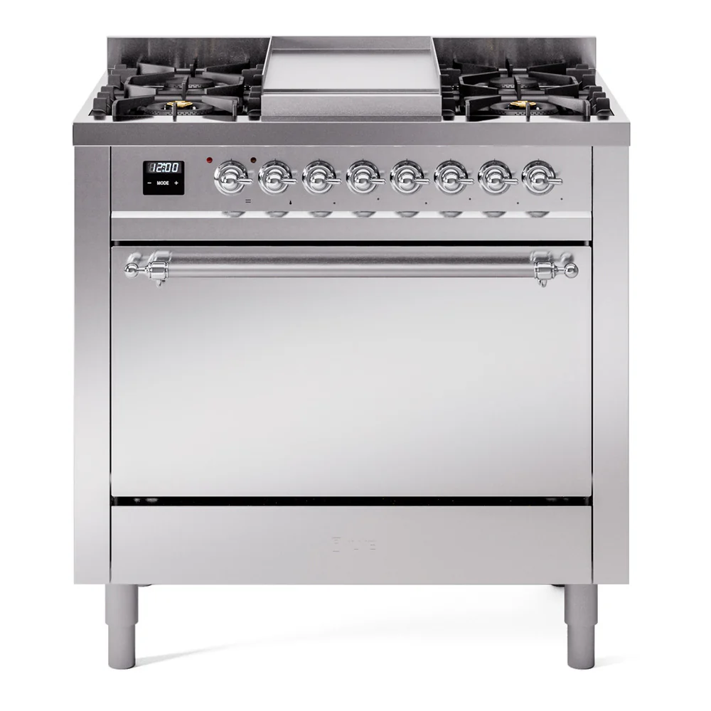 ILVE 36-Inch Nostalgie II Dual Fuel Range with 6 Burners and Solid Door Oven in Stainless Steel with Chrome Trim (UP36FQNMPSSC)