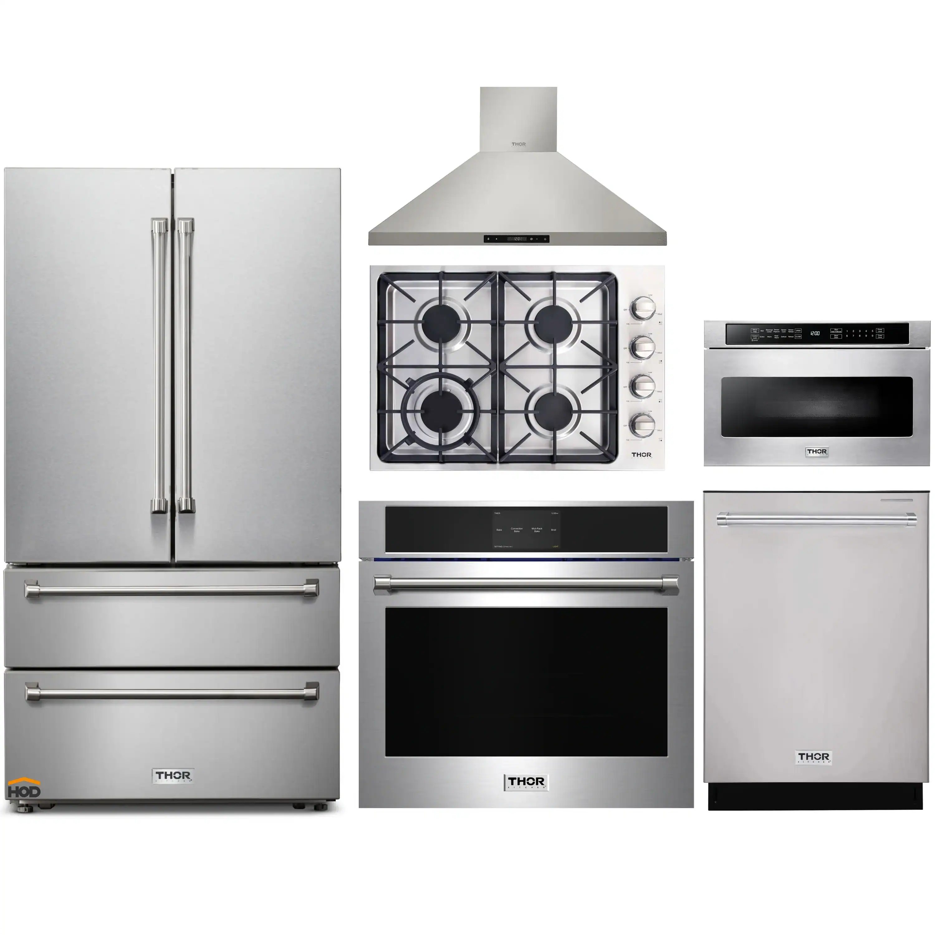 Thor Kitchen 6-Piece Pro Appliance Package - 30-Inch Gas Cooktop, Electric Wall Oven, Wall Mount Hood, Refrigerator, Dishwasher, & Microwave Drawer in Stainless Steel