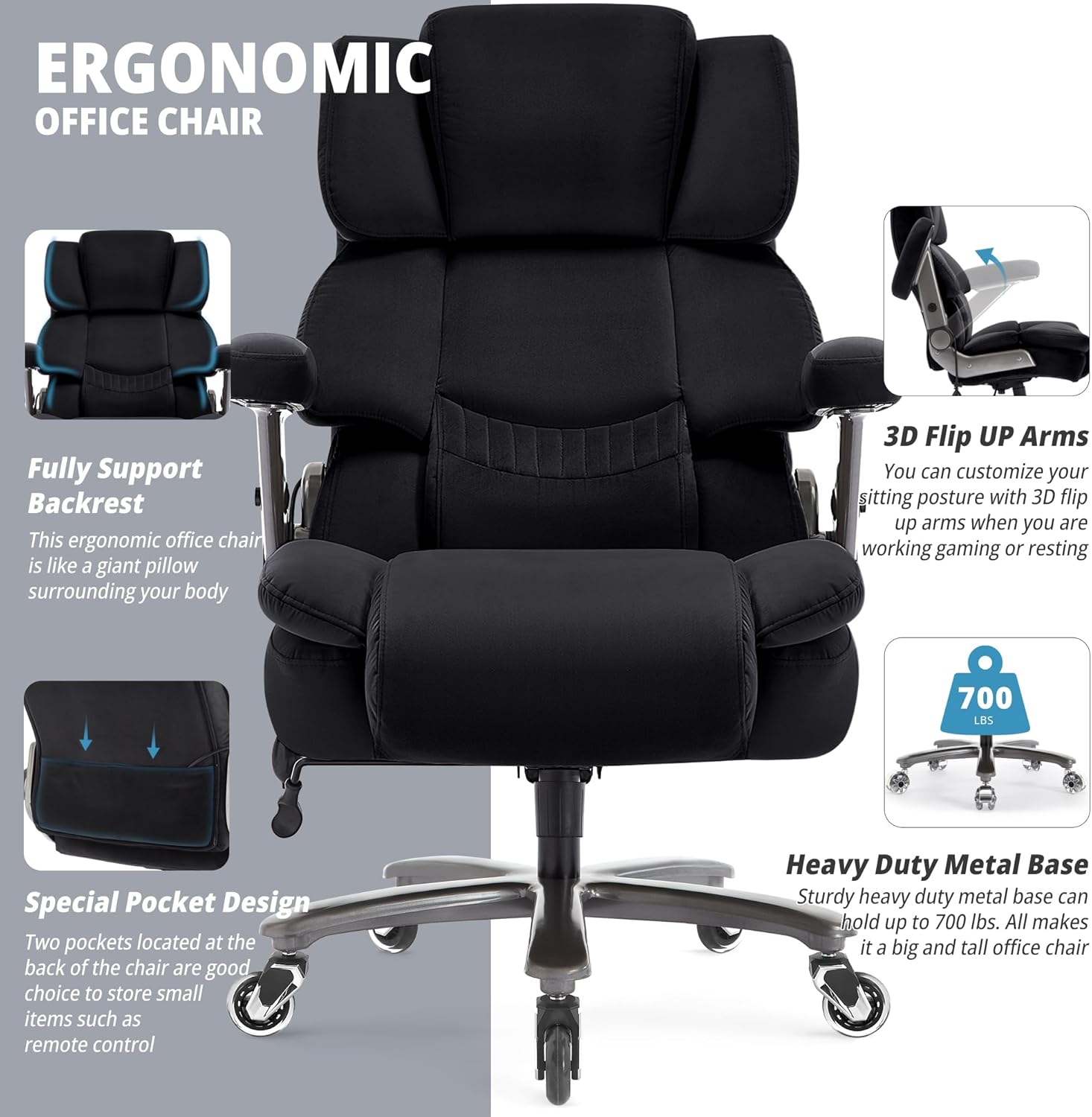 Fabric Big and Tall Office Chair 700lbs-High Back Executive Cloth Computer Chair with Adjustable Lumbar Support 3D Flip Arms Plus Size Rubber Wheels-Extra Wide Large Desk Chairs, Heavy Duty Metal Base