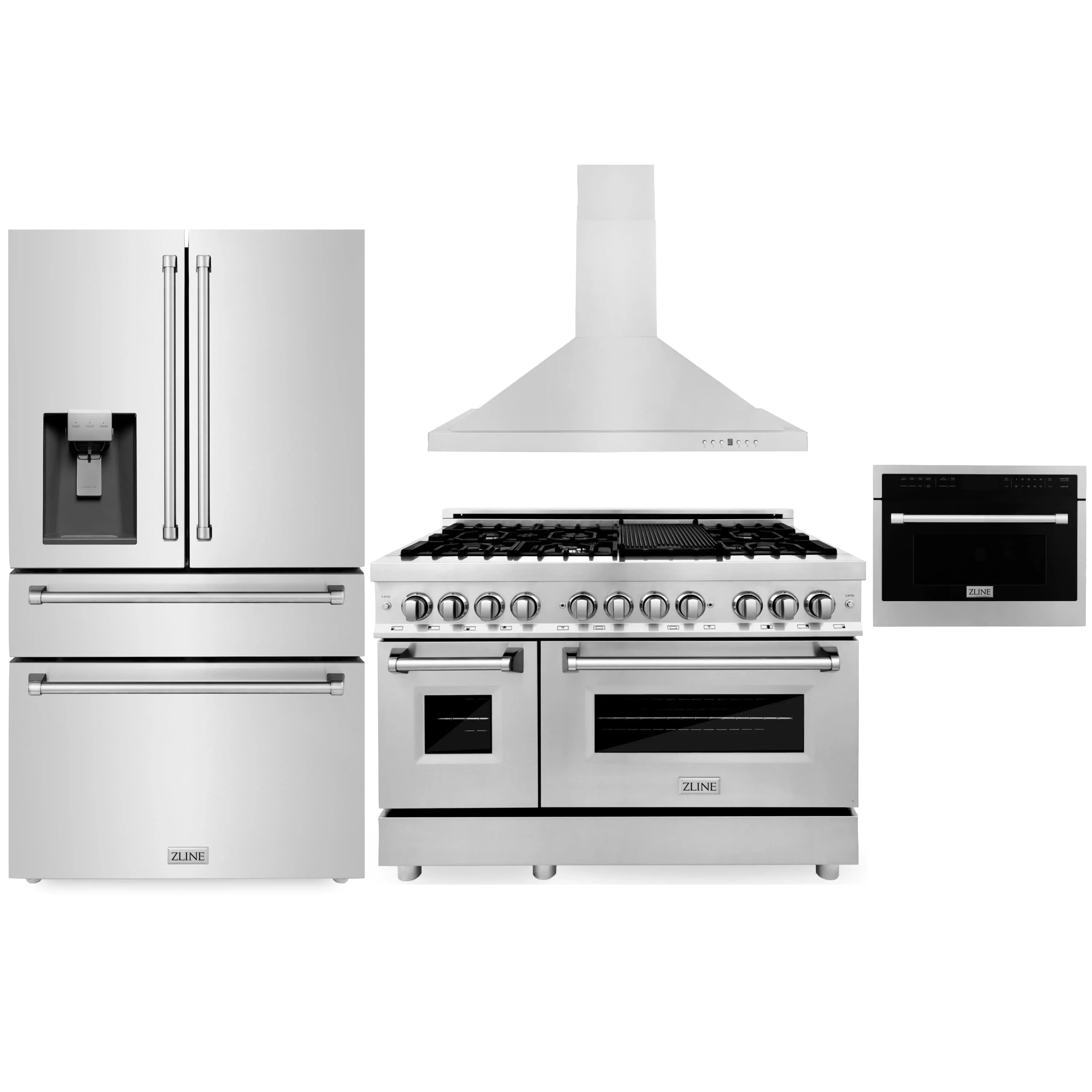 ZLINE 4-Piece Appliance Package - 48-Inch Dual Fuel Range, Refrigerator with Water Dispenser, Convertible Wall Mount Hood, and Microwave Oven in Stainless Steel (4KPRW-RARH48-MWO)