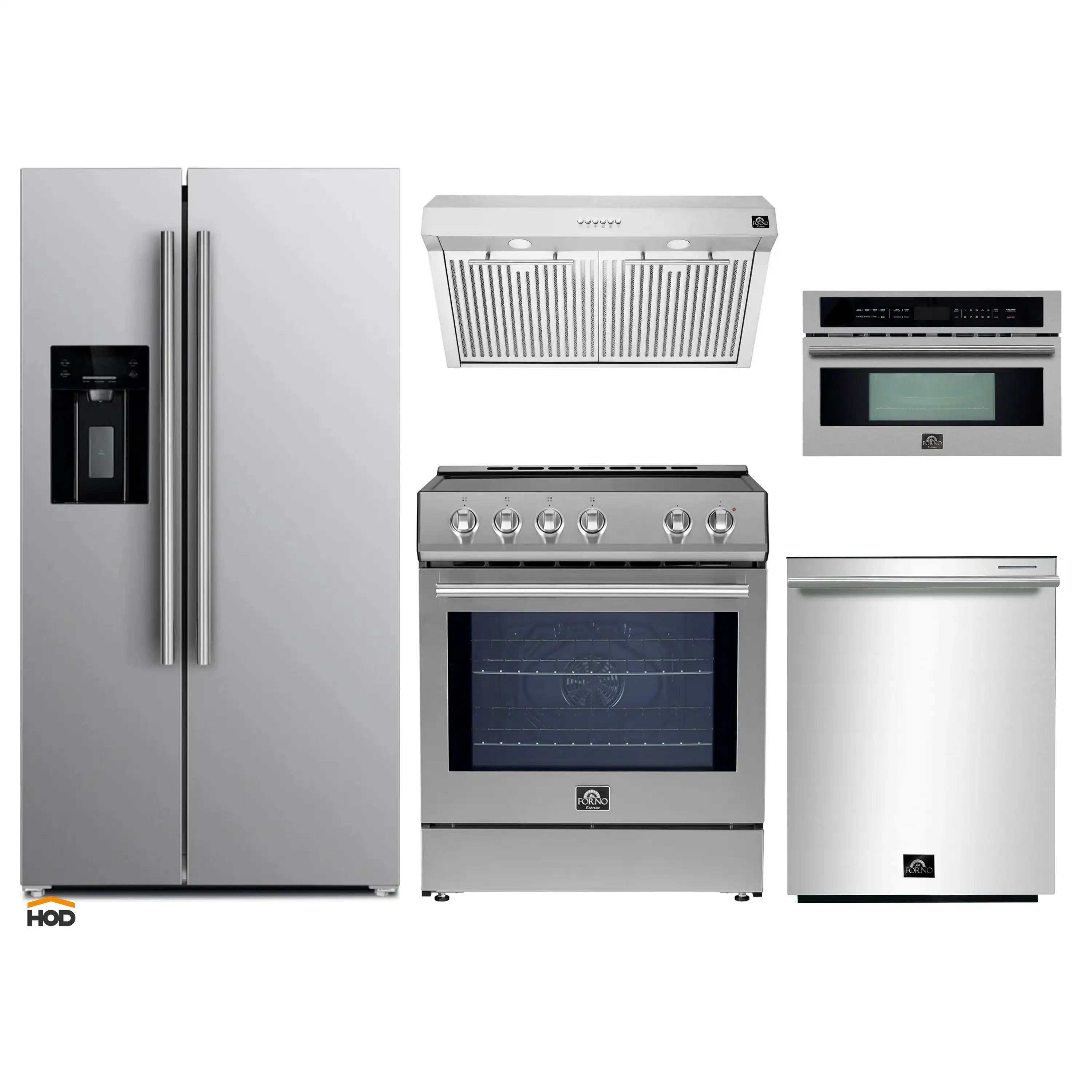 Forno 5-Piece Appliance Package - 30-Inch Induction Range, Under Cabinet Range Hood, Refrigerator with Water Dispenser, Dishwasher, and 30-Inch Microwave Oven in Stainless Steel