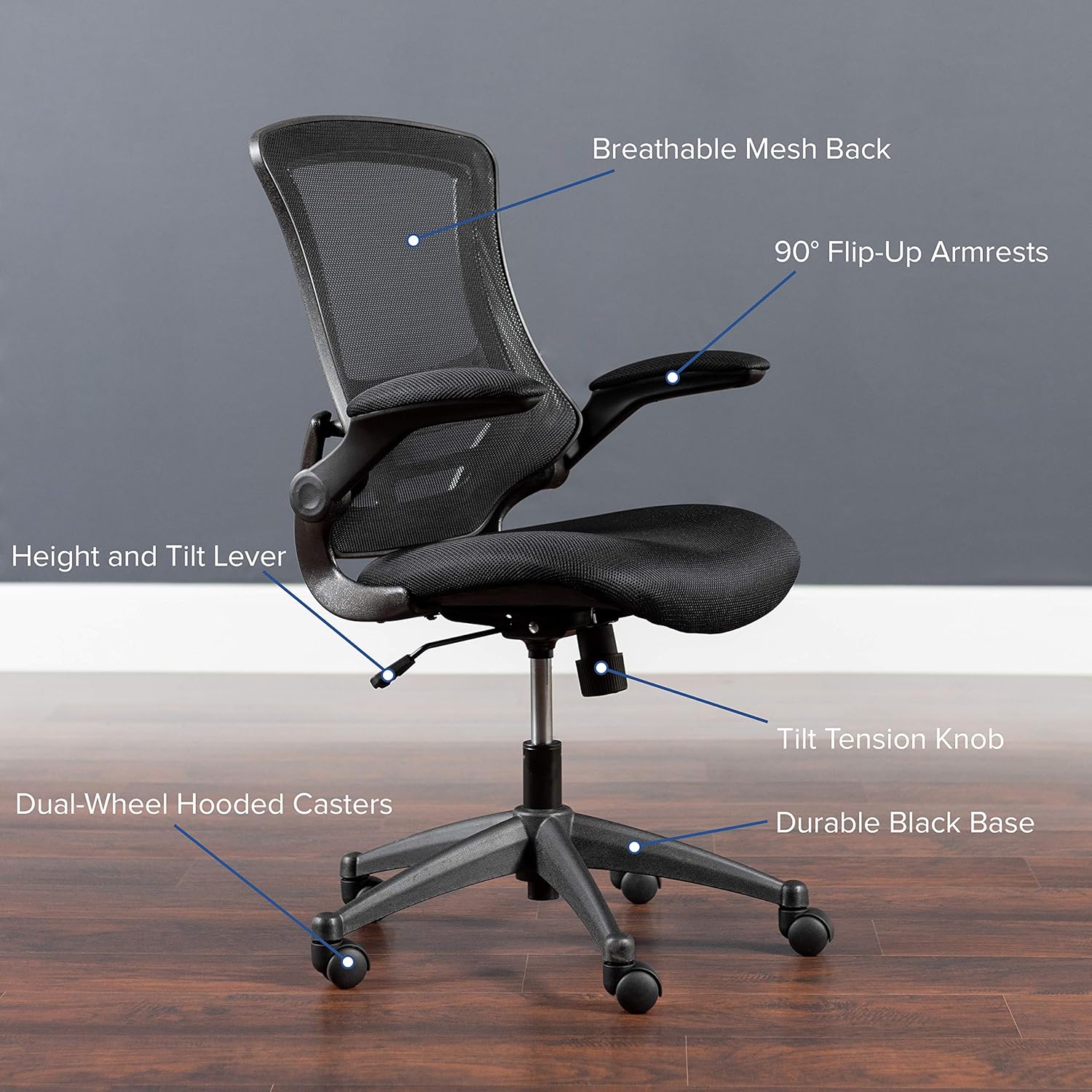 Flash Furniture Set of 8 Mid-Back Swivel Ergonomic Task Office Chairs with Flip-Up Arms, Black Mesh