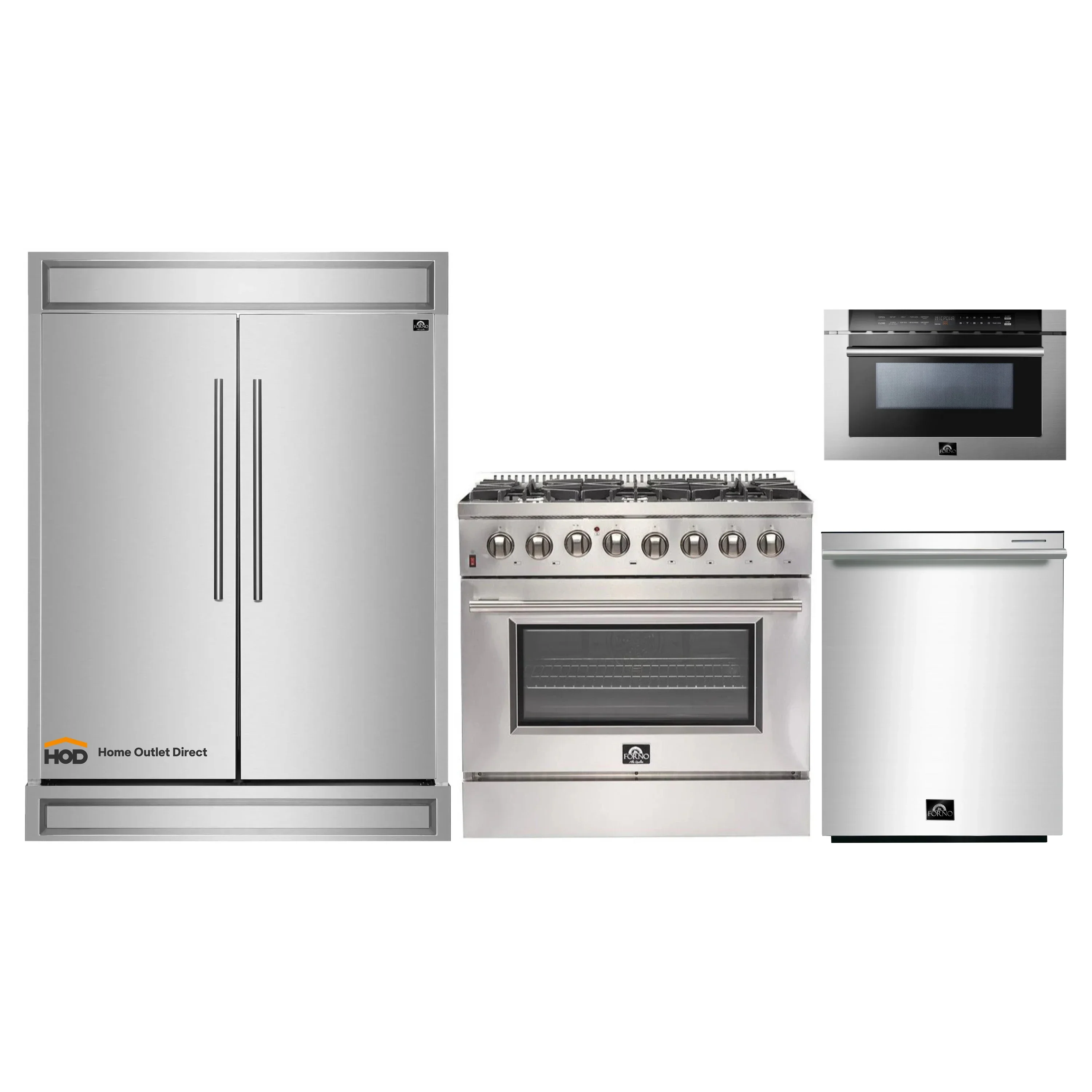 Forno 4-Piece Appliance Package - 36-Inch Dual Fuel Range, 60-Inch Refrigerator, 24-Inch Microwave Drawer, & 3-Rack Dishwasher in Stainless Steel