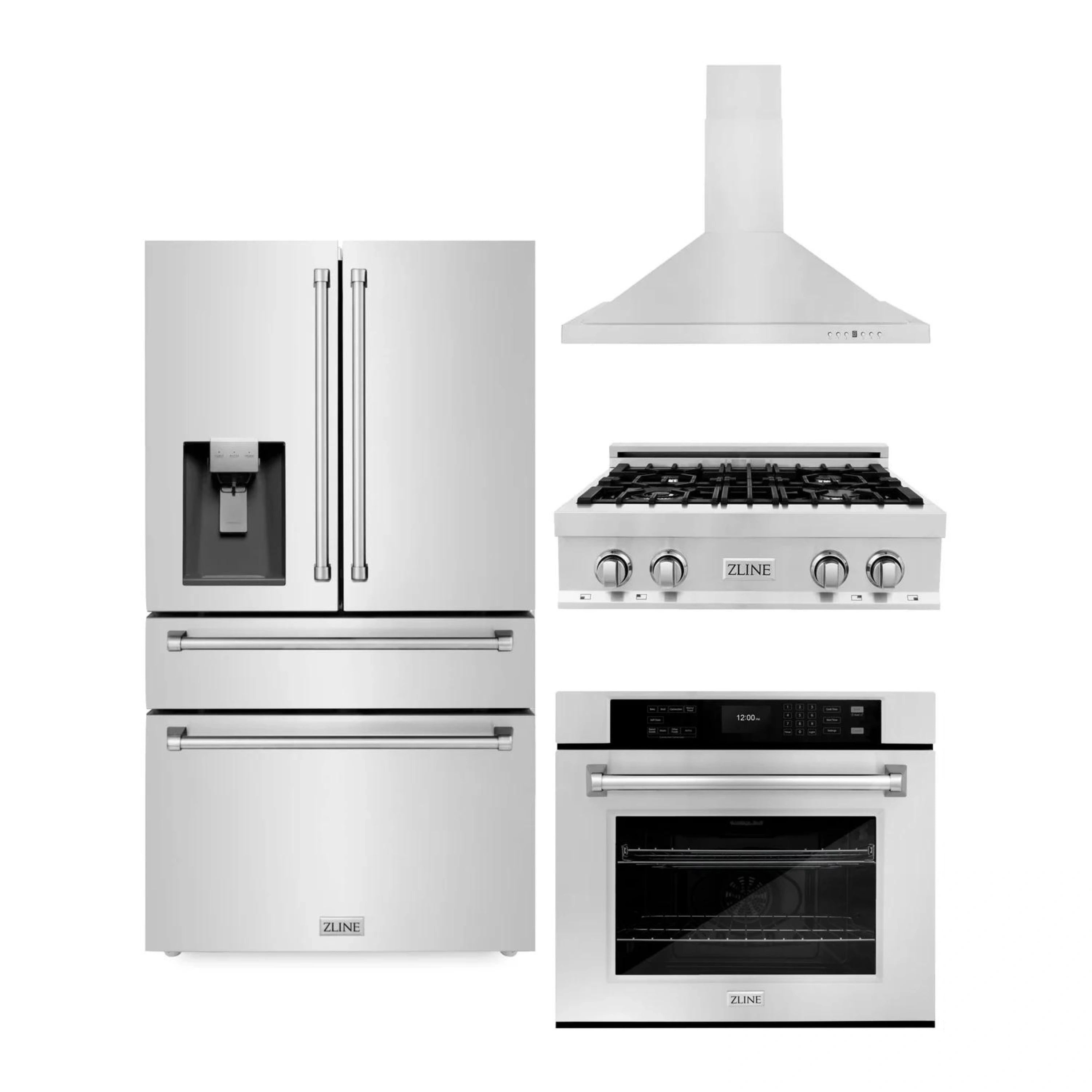 ZLINE 4-Piece Appliance Package - 30-Inch Rangetop, 30鈥?Wall Oven, 36鈥?Refrigerator with Water Dispenser, and Convertible Wall Mount Hood in Stainless Steel (4KPRW-RTRH30-AWS)