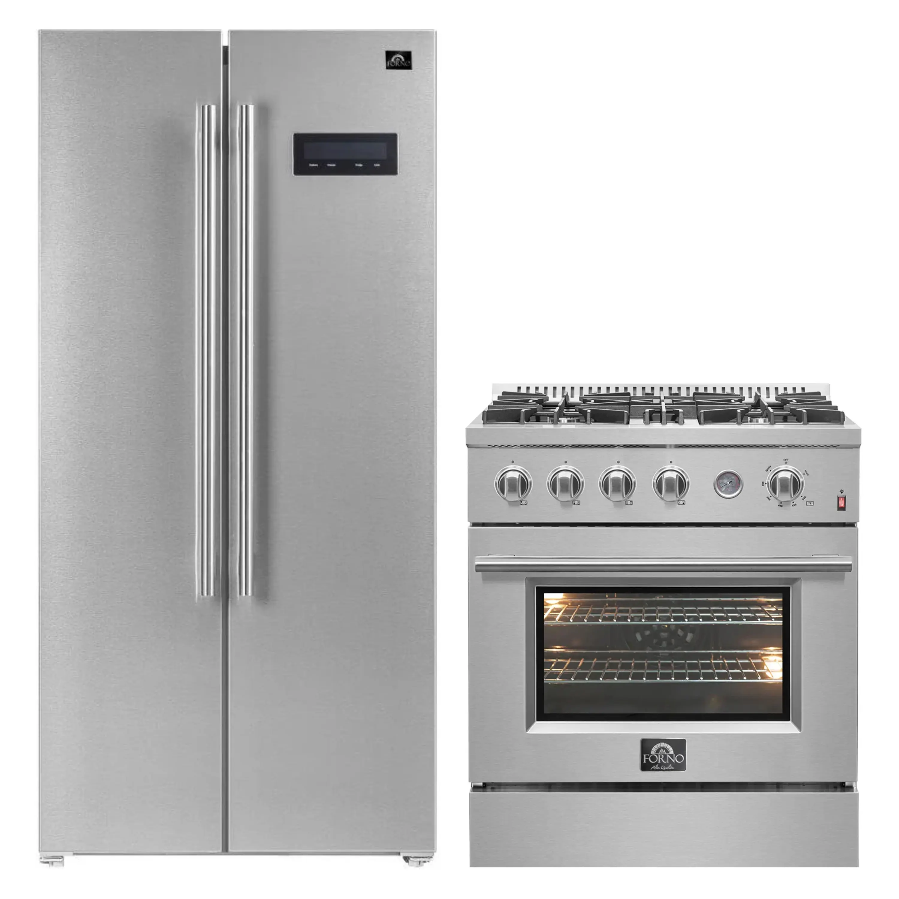 FORNO 2-Piece Appliance Package- 30-Inch Gas Range and 33-Inch Side-by-Side Refrigerator in Stainless Steel (FBDL-021-01CAUS)