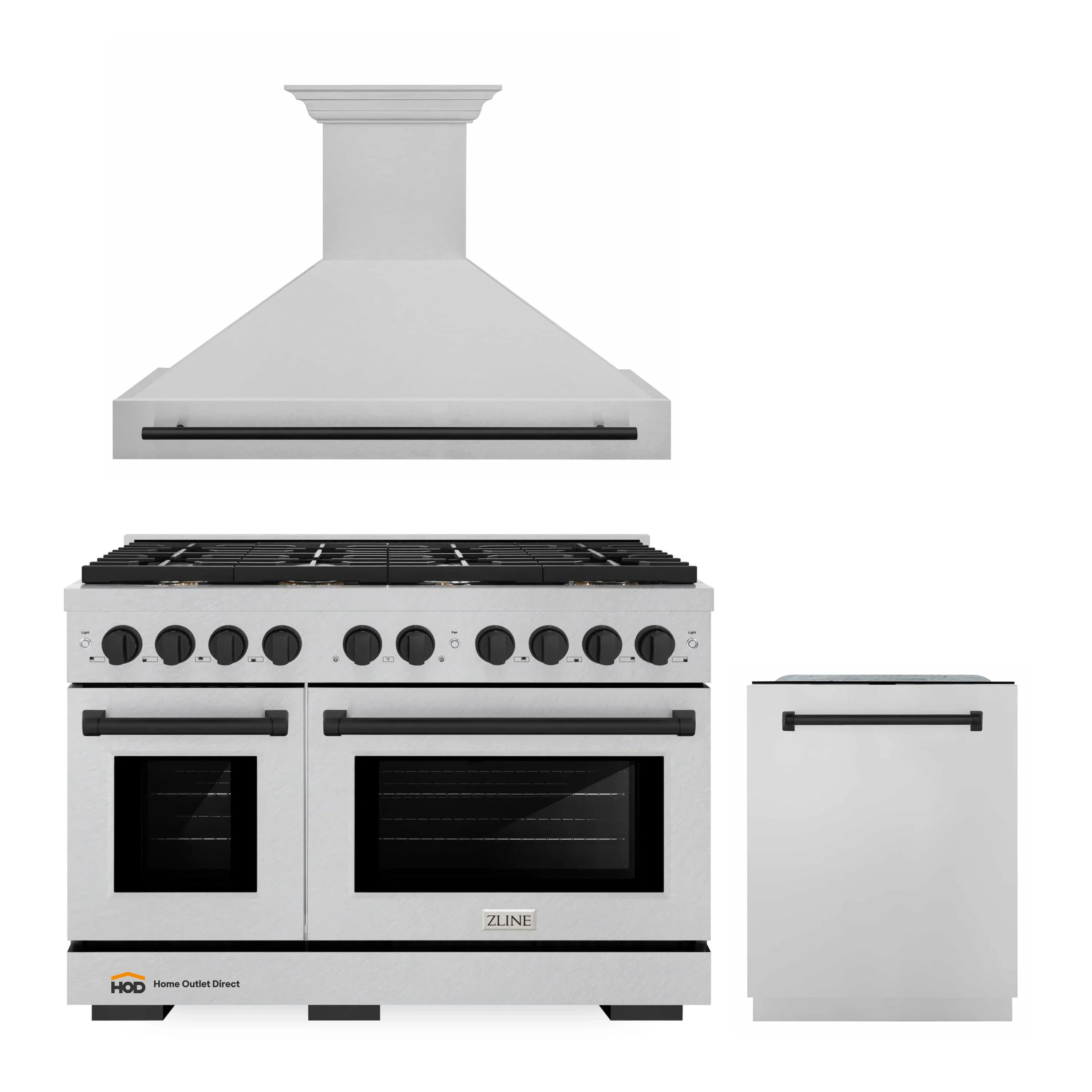 ZLINE 48-Inch Autograph Edition Kitchen Package with Satin Stainless Steel Gas Range, Wall Mount Range Hood and Dishwasher with Matte Black Accents (3AKPR-SGRSRHDWM48-MB)