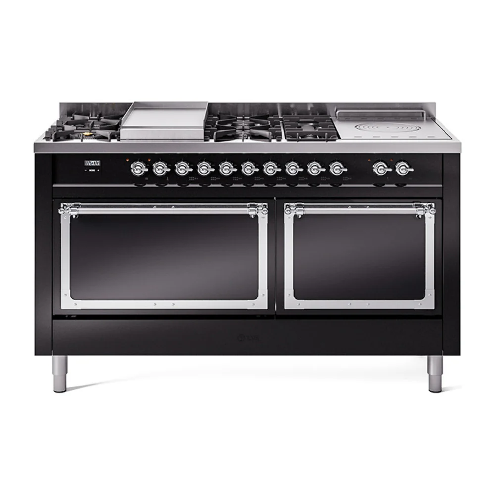 ILVE 60-Inch Nostalgie II Noblesse Dual Fuel Range with 7 Sealed Burners, Griddle, French Top, and Solid Door Oven in Glossy Black with Chrome Trim (UN60FSQNMPBKC)