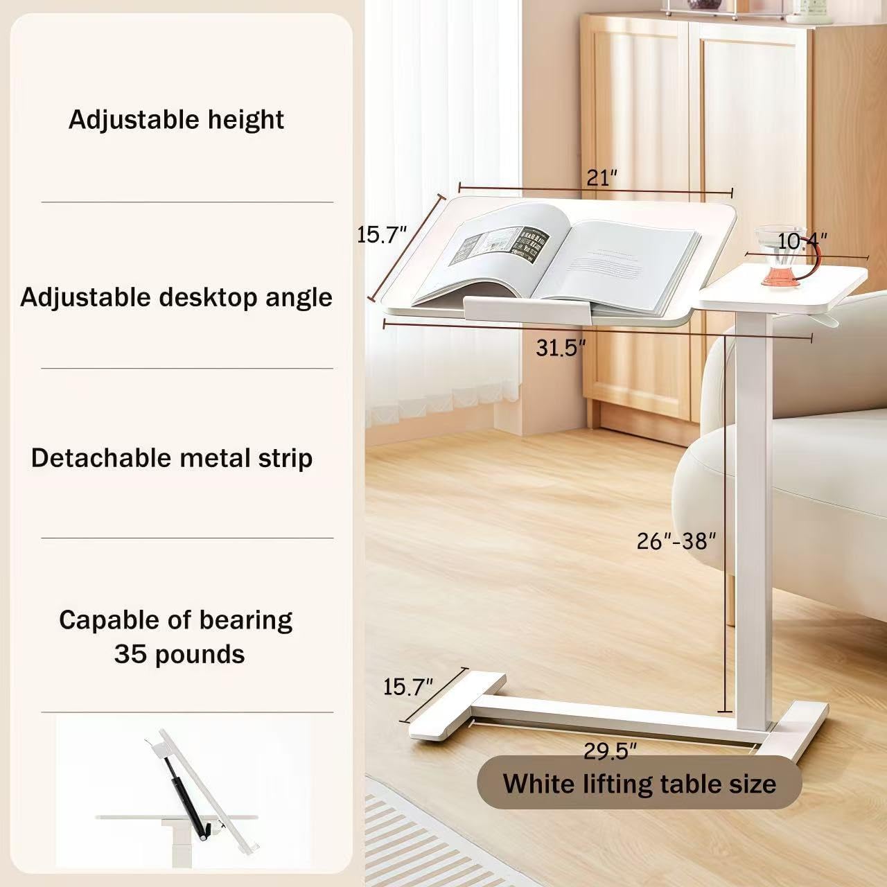 KEIKI Overbed Bedside Desk, Mobile Rolling Laptop Stand Tilting Overbed Table with Wheels, Height Adjustable Tray Bedside Table for Laptop Bed Sofa, White