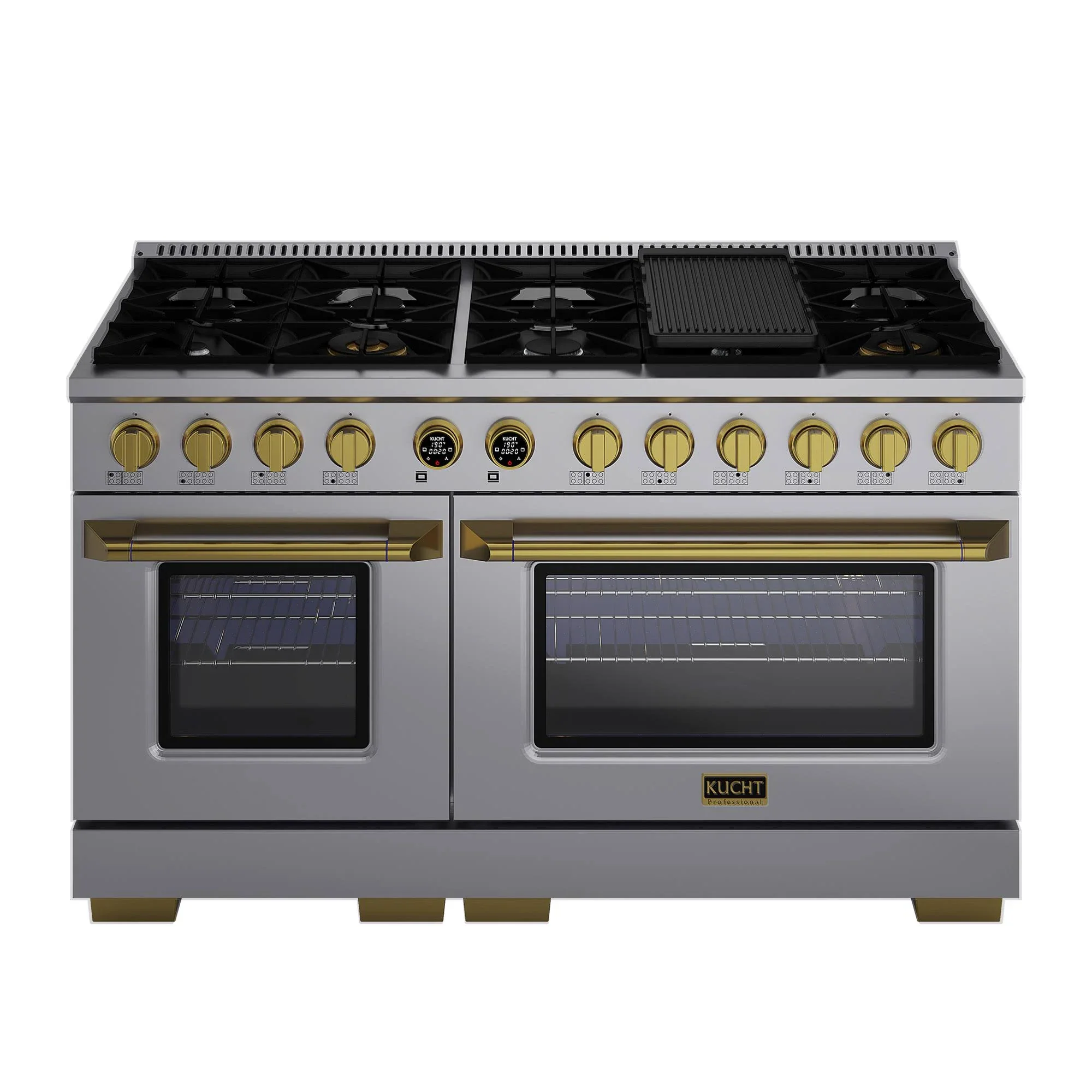 Kucht Horus 60-Inch Dual Fuel Range with 8.4 cu. ft. Electric Oven and 8 Gas Burners in Stainless Steel with Gold Accents and Digital Thermostat (KXP60-GL)