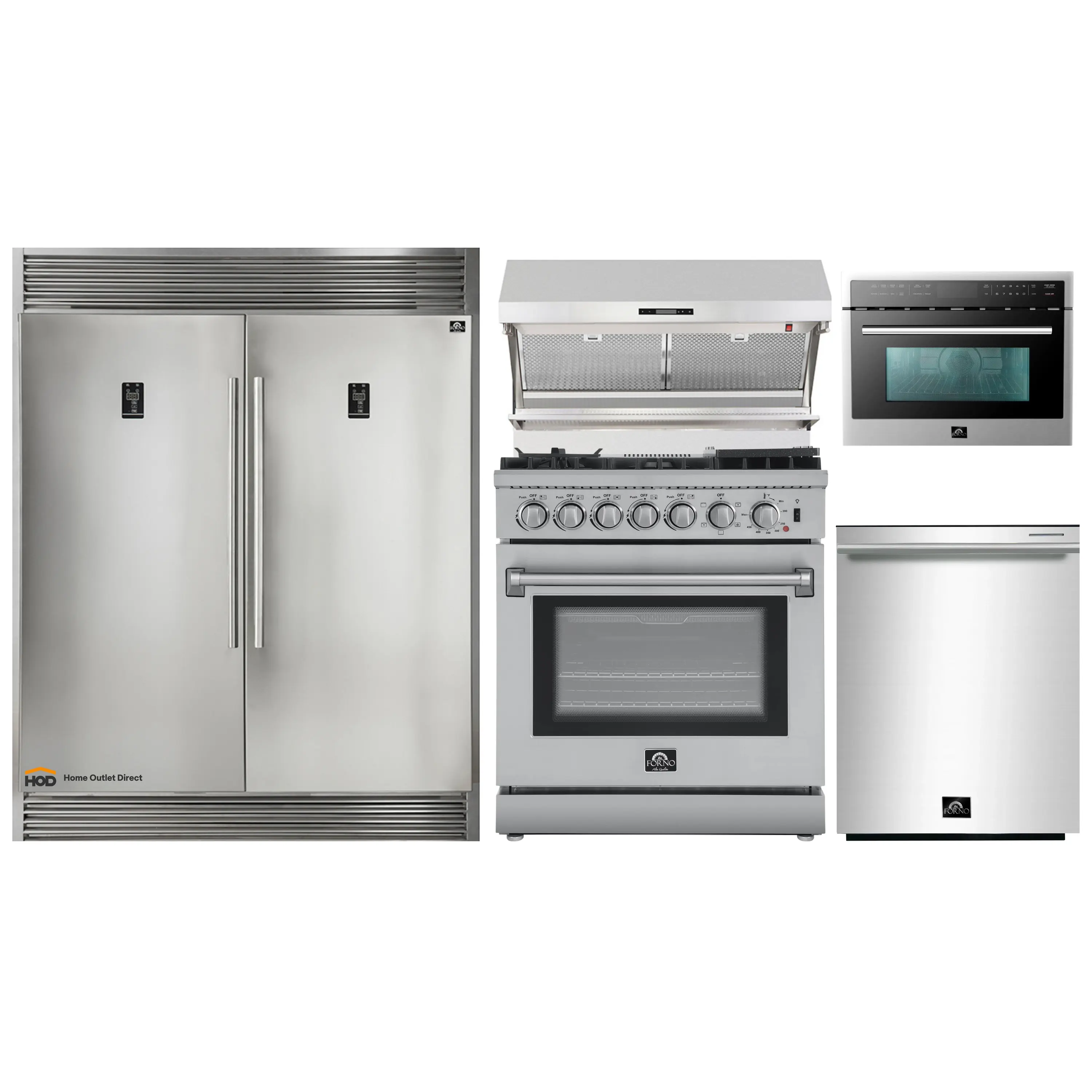 Forno 5-Piece Appliance Package - 30-Inch Dual Fuel Range with Air Fryer, 60-Inch Pro-Style Refrigerator, Wall Mount Hood with Backsplash, 24-Inch Microwave Oven, & 3-Rack Dishwasher in Stainless Steel