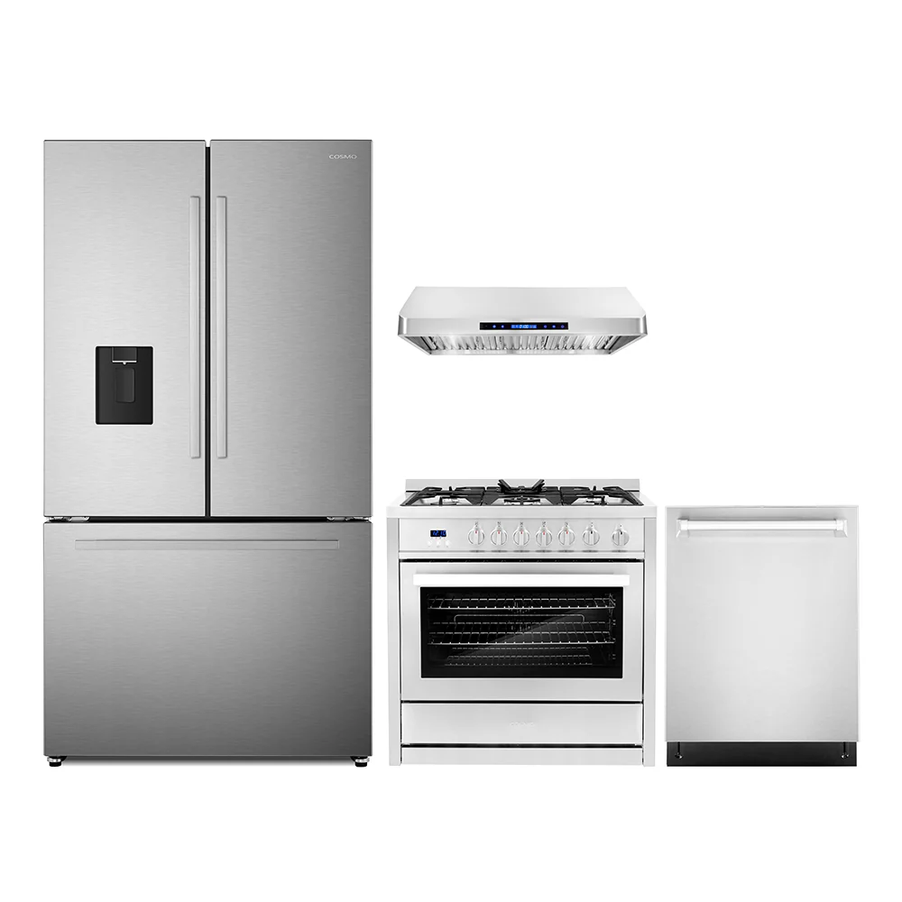 Cosmo 4-Piece Appliance Package - 36-Inch Gas Range, Under Cabinet Range Hood, Dishwasher and Refrigerator with Water Dispenser in Stainless Steel (COS-4PKG-627)