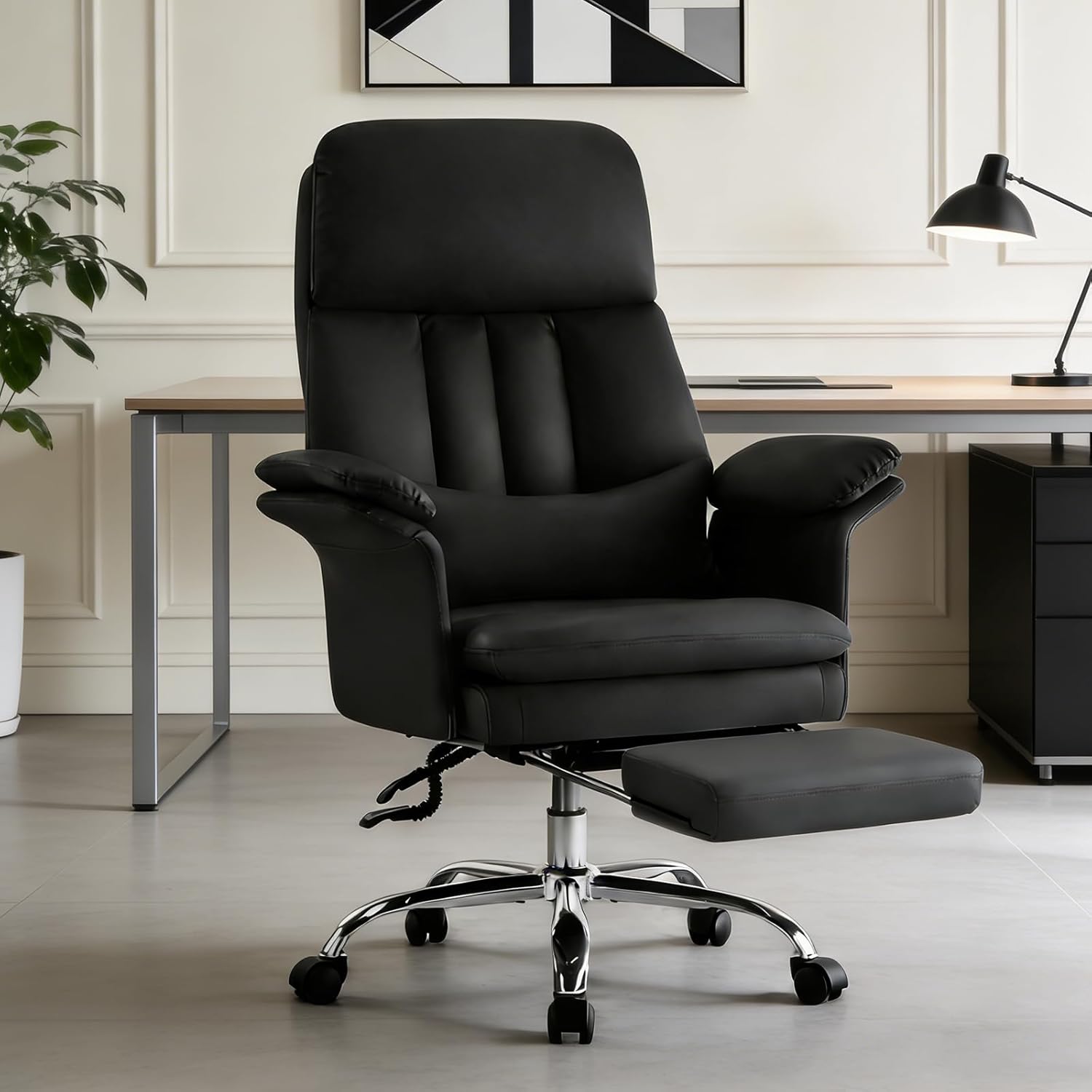 Big Tall Executive Office Chair with Footrest 400lbs, High Back Ergonomic Gaming Chair, Premium PU Leather with Adjustable Lumbar Support Double-Layered Armrests,Black