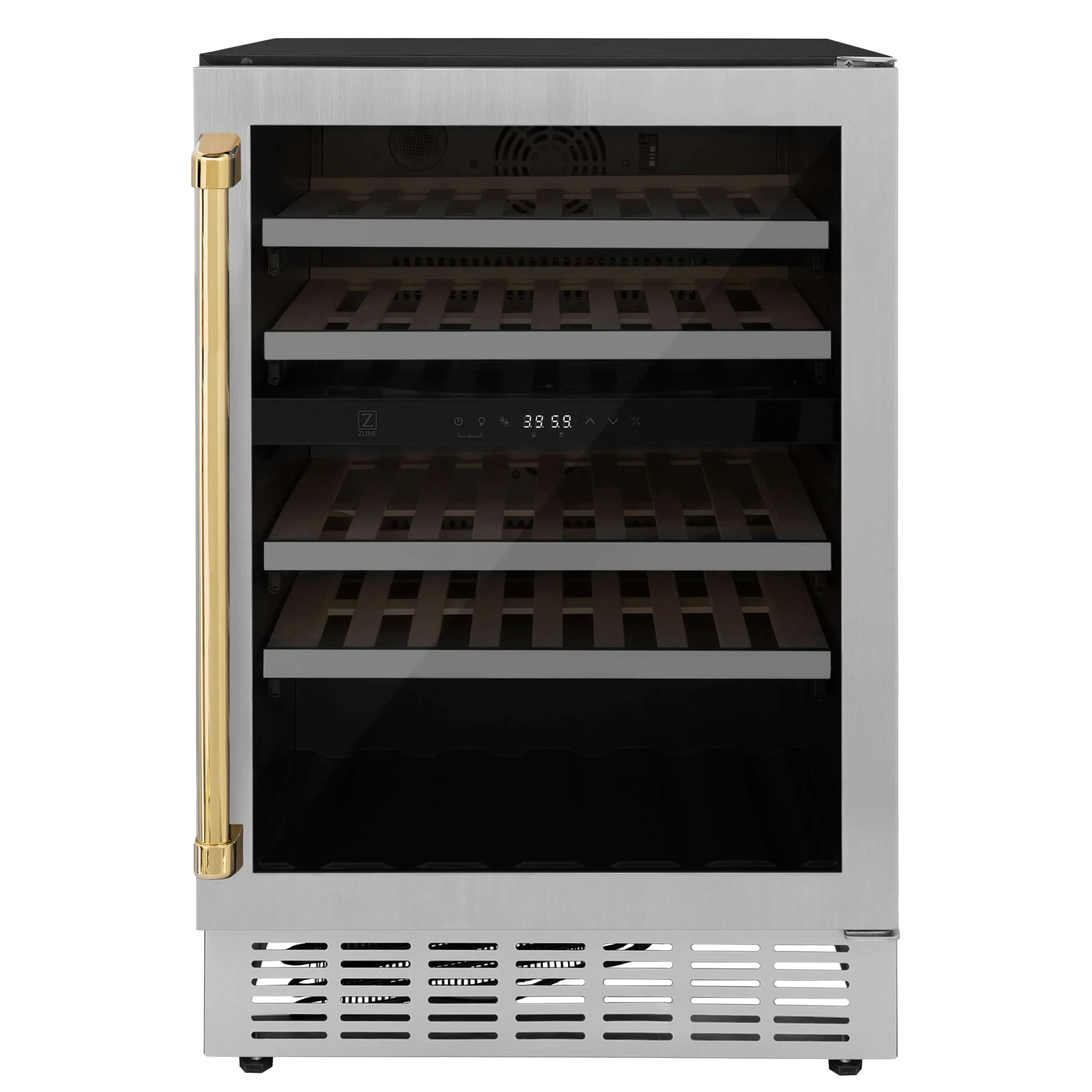 ZLINE 24-Inch Monument Autograph Edition Dual Zone 44-Bottle Wine Cooler in Stainless Steel with Gold Accents (RWVZ-UD-24-G)