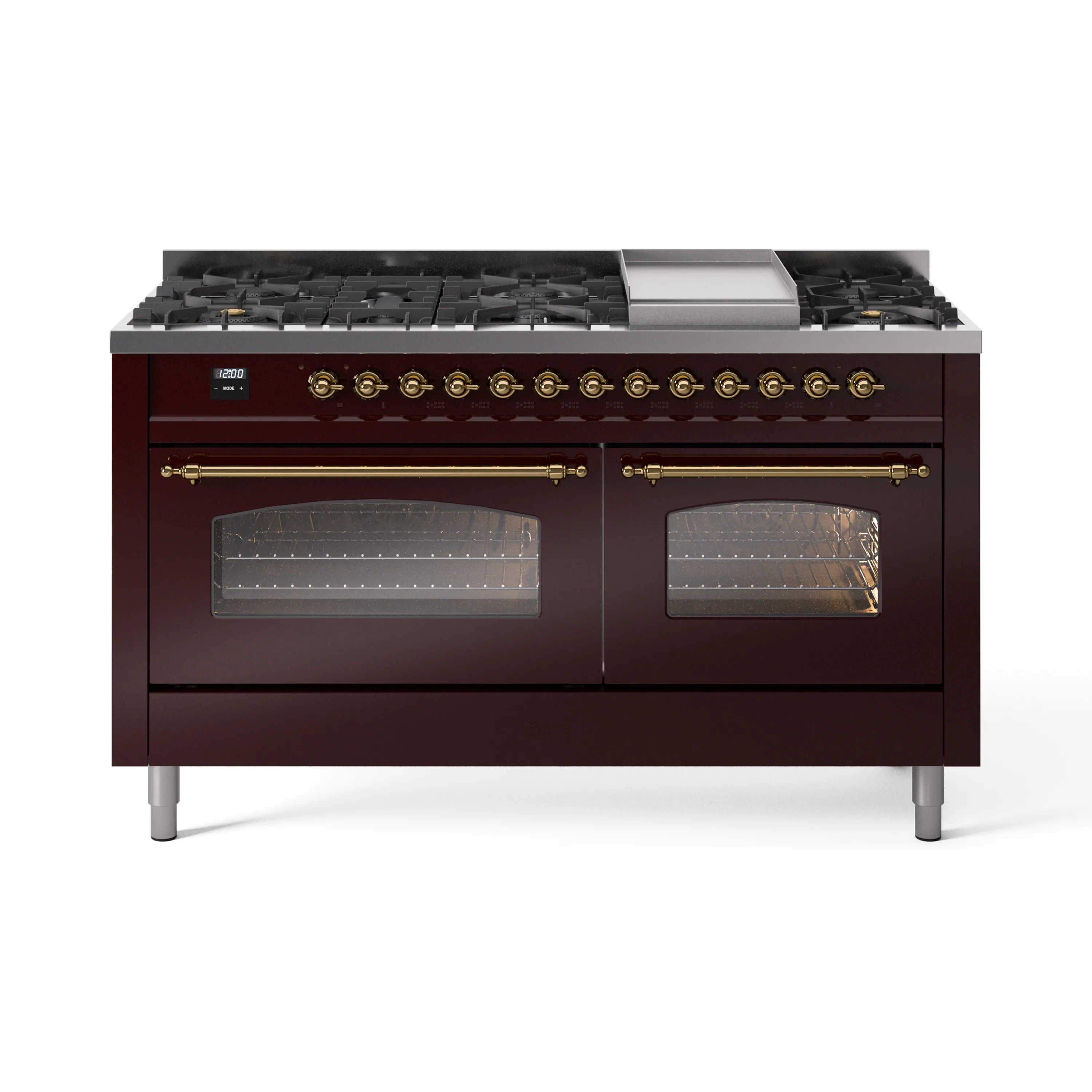 ILVE 60-Inch Nostalgie II Dual Fuel Range with 9 Burners, Griddle and Triple Glass Door Oven in Burgundy with Brass Trim (UP60FNMPBUG)