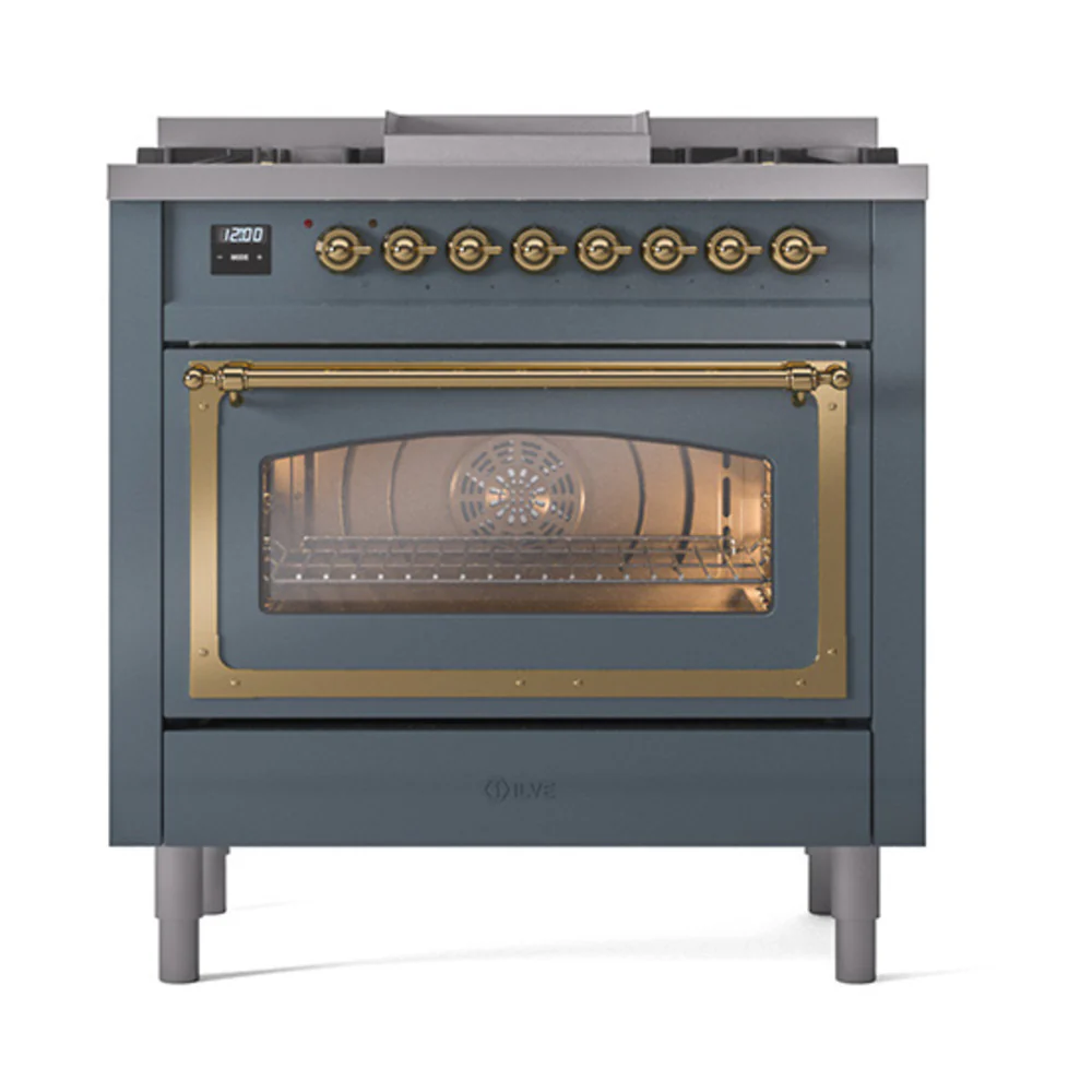 ILVE Nostalgie II Noblesse 36-Inch Dual Fuel Range and Triple Glass Door in Blue Grey with Brass Trim (UN36FNMPBGG)