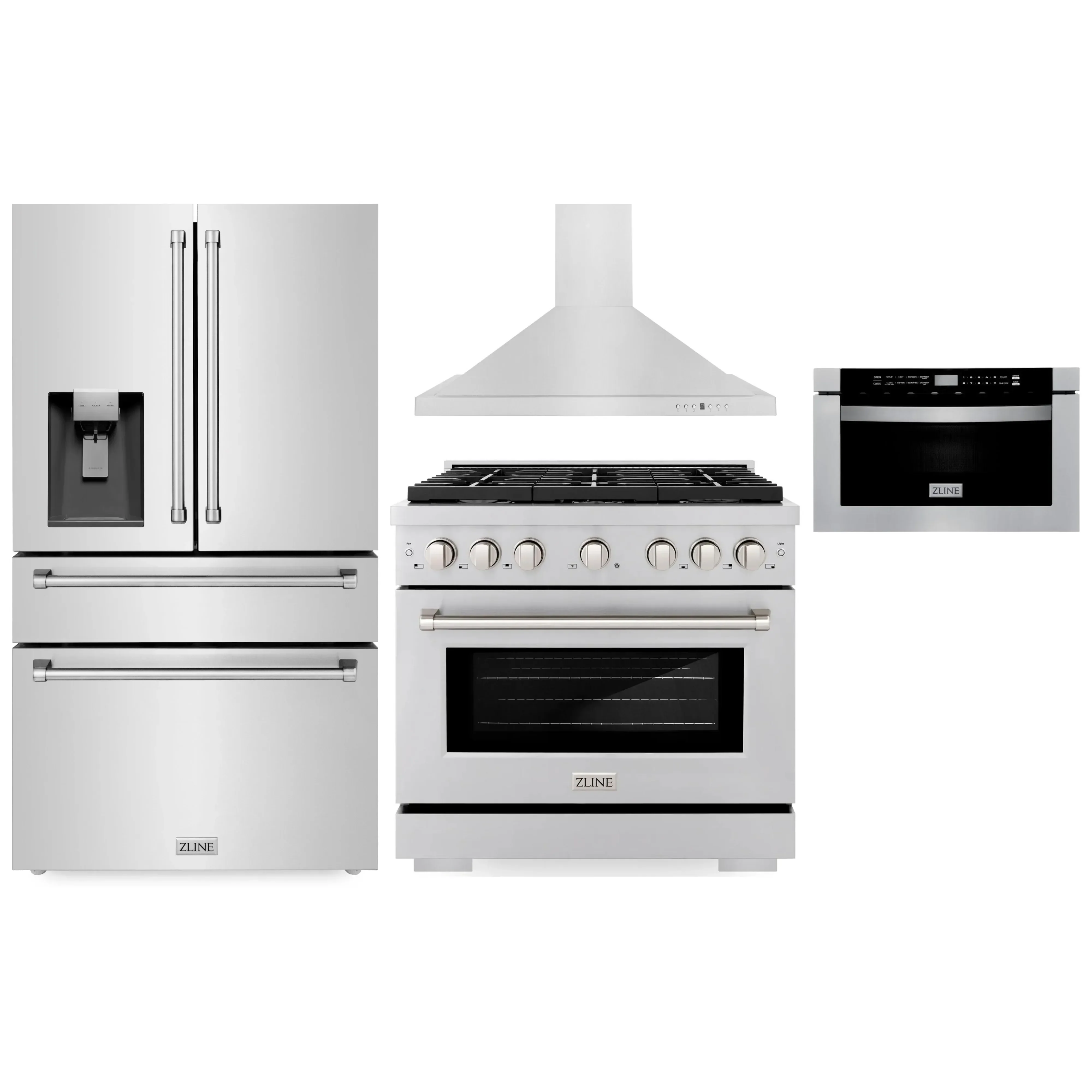 ZLINE 4-Piece Appliance Package - 36-Inch Gas Range, Refrigerator with Water Dispenser, Convertible Wall Mount Hood, and Microwave Drawer in Stainless Steel (4KPRW-SGRRH36-MWD)
