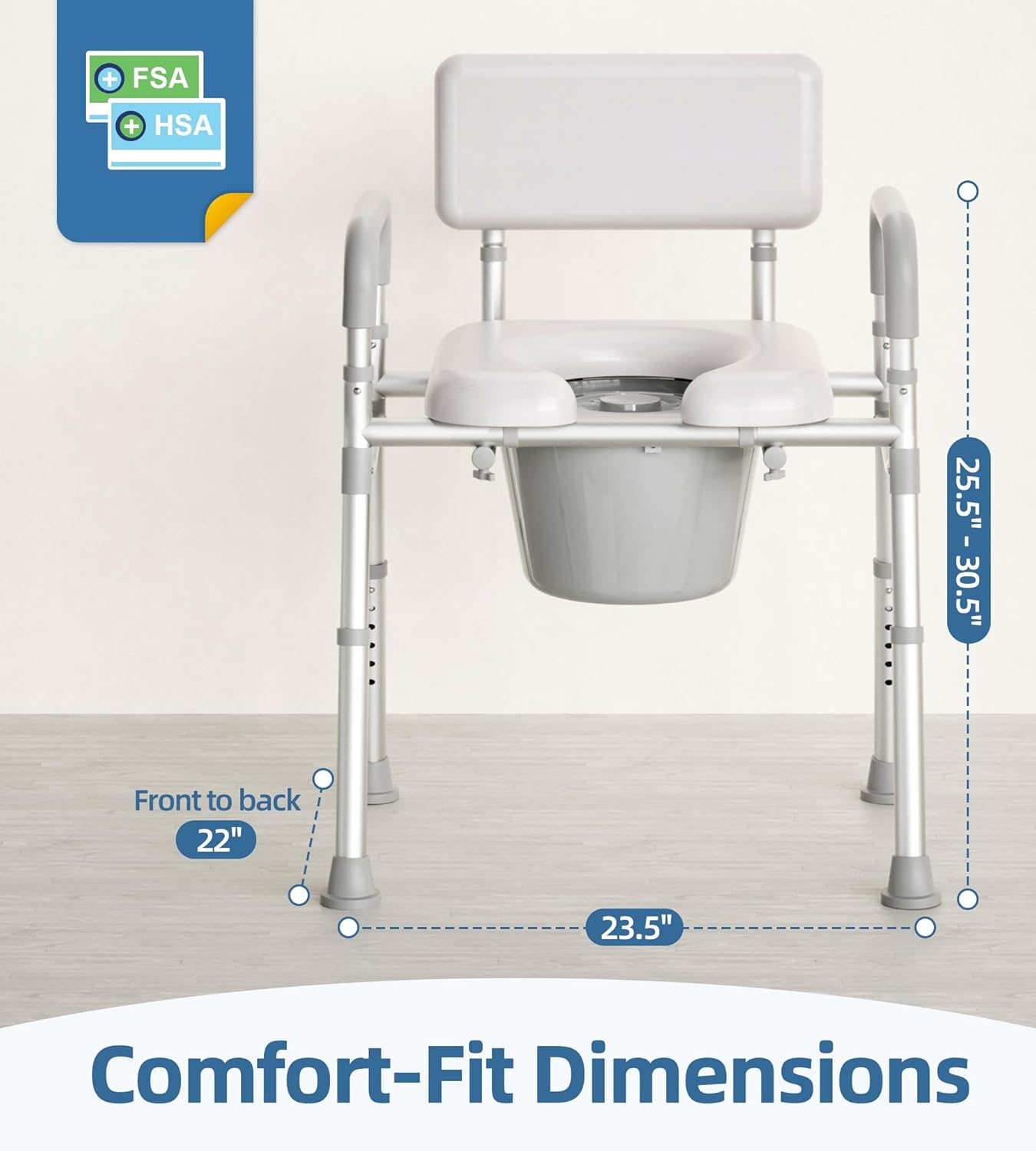 HOMLAND Bedside Commode with Padded Seat and Backrest, Aluminum Commode Toilet with Bucket, Easy Cleaning Portable Toilet for Adults and Seniors, 350 lb Capacity Enhanced Crossbar
