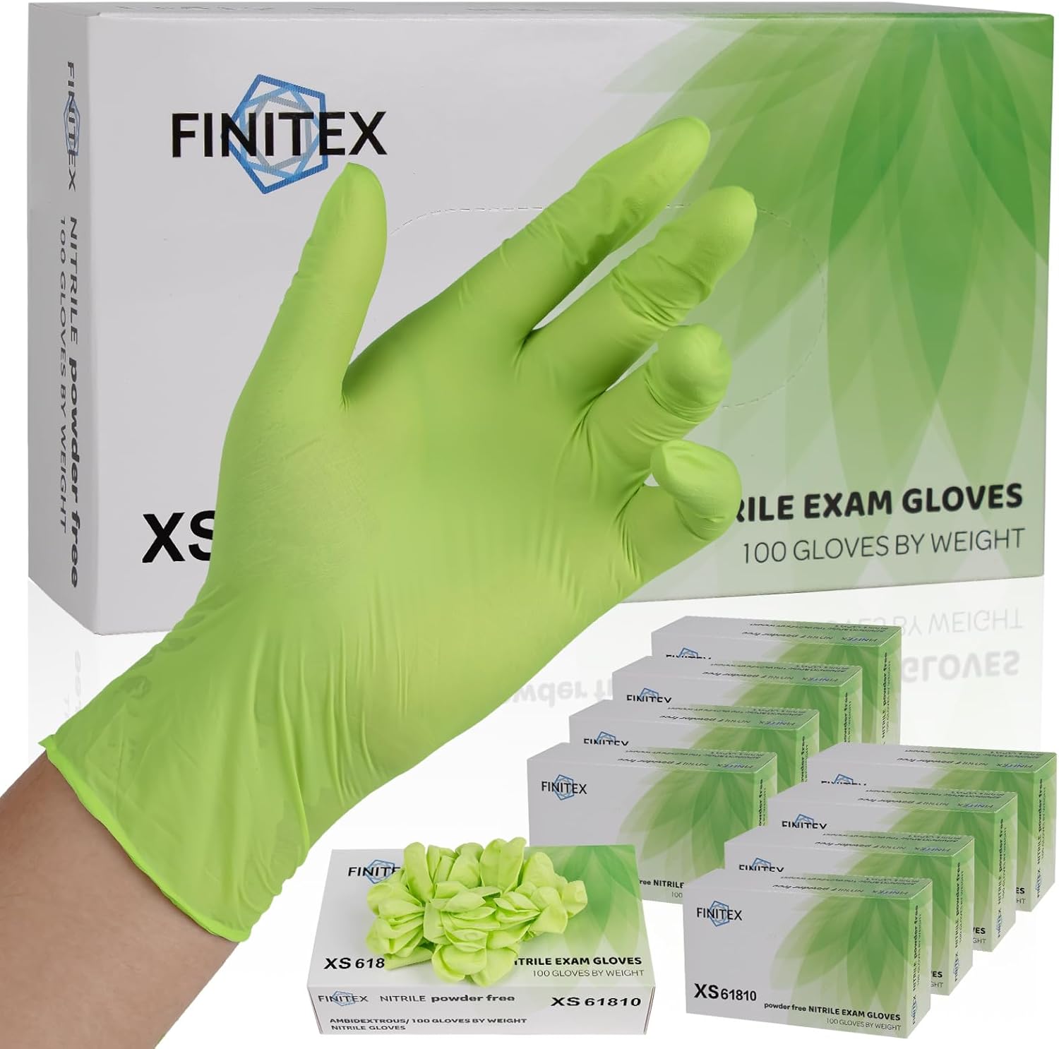 FINITEX Nitrile Disposable Gloves - Green 3.5mil 100/1000PCS Powder-Free Latex-Free Medical & Food Use